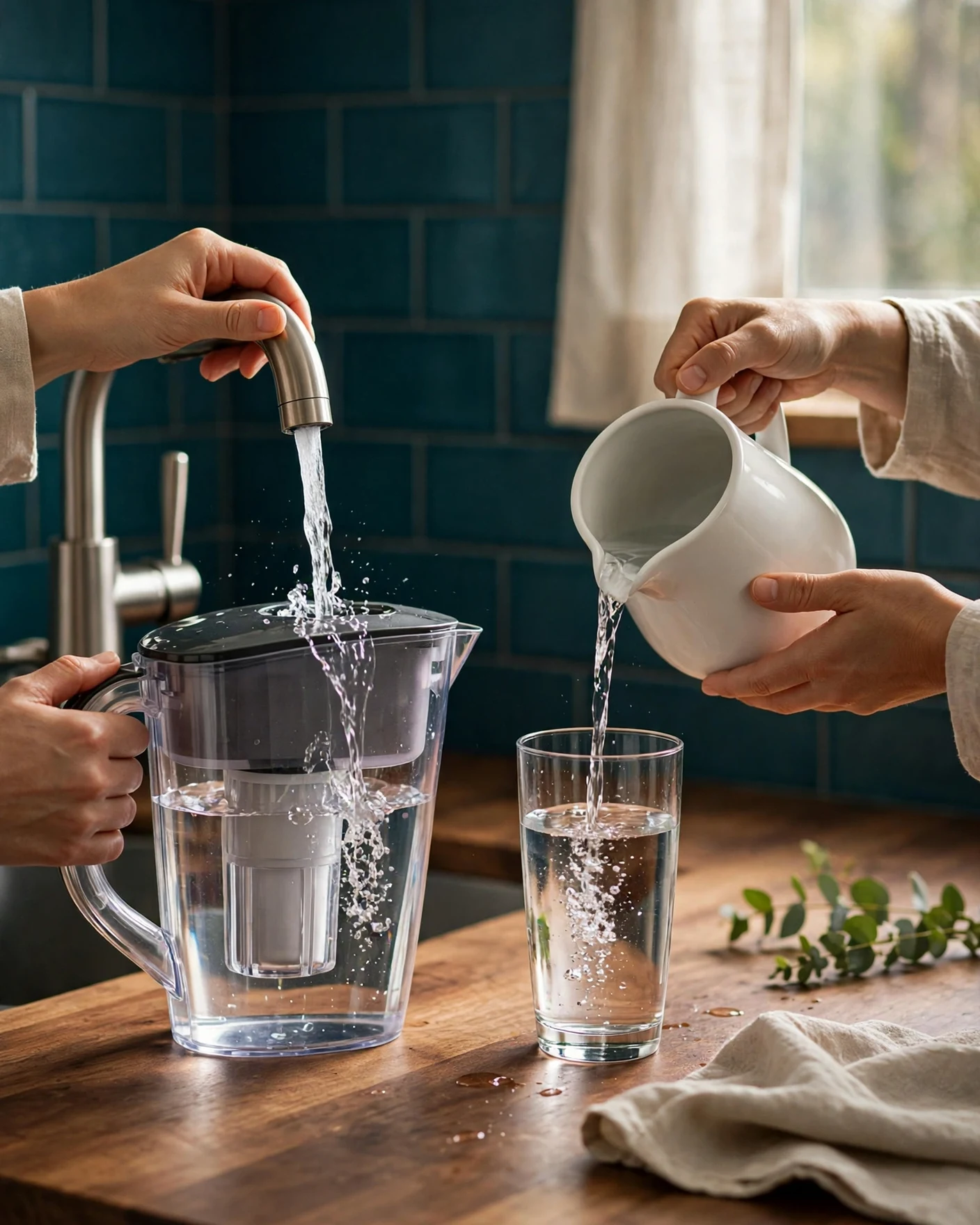 Hands filling an unlabeled water filter pitcher at a kitchen tap with a second unlabeled pitcher and a tall glass on a walnut counter