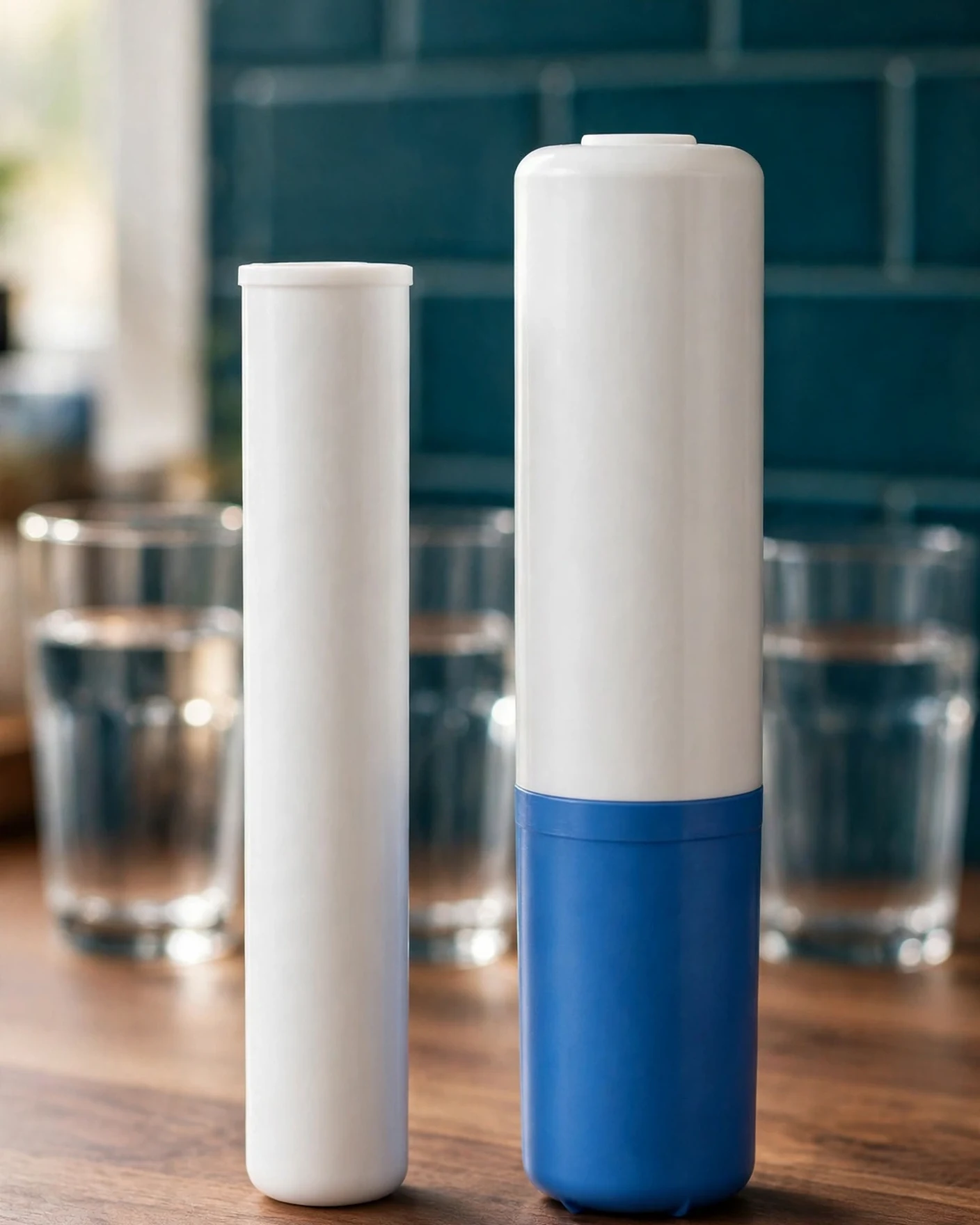 Two unlabeled water filter cartridges side by side — one slim and white, one taller in white and blue — with two glasses of water behind them on a walnut counter