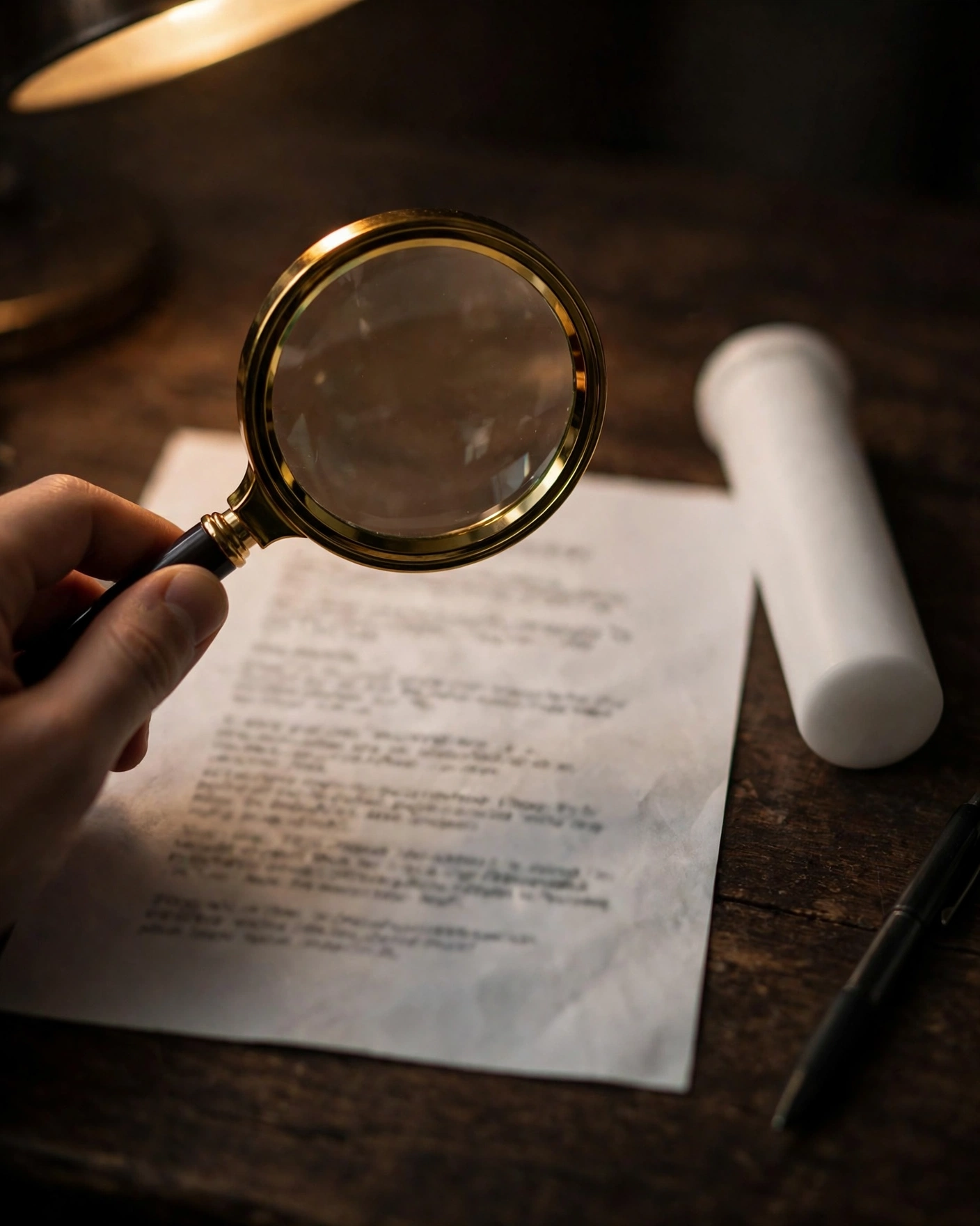 Magnifying glass over a printed performance data sheet beside an unlabeled white filter cartridge on a dark desk