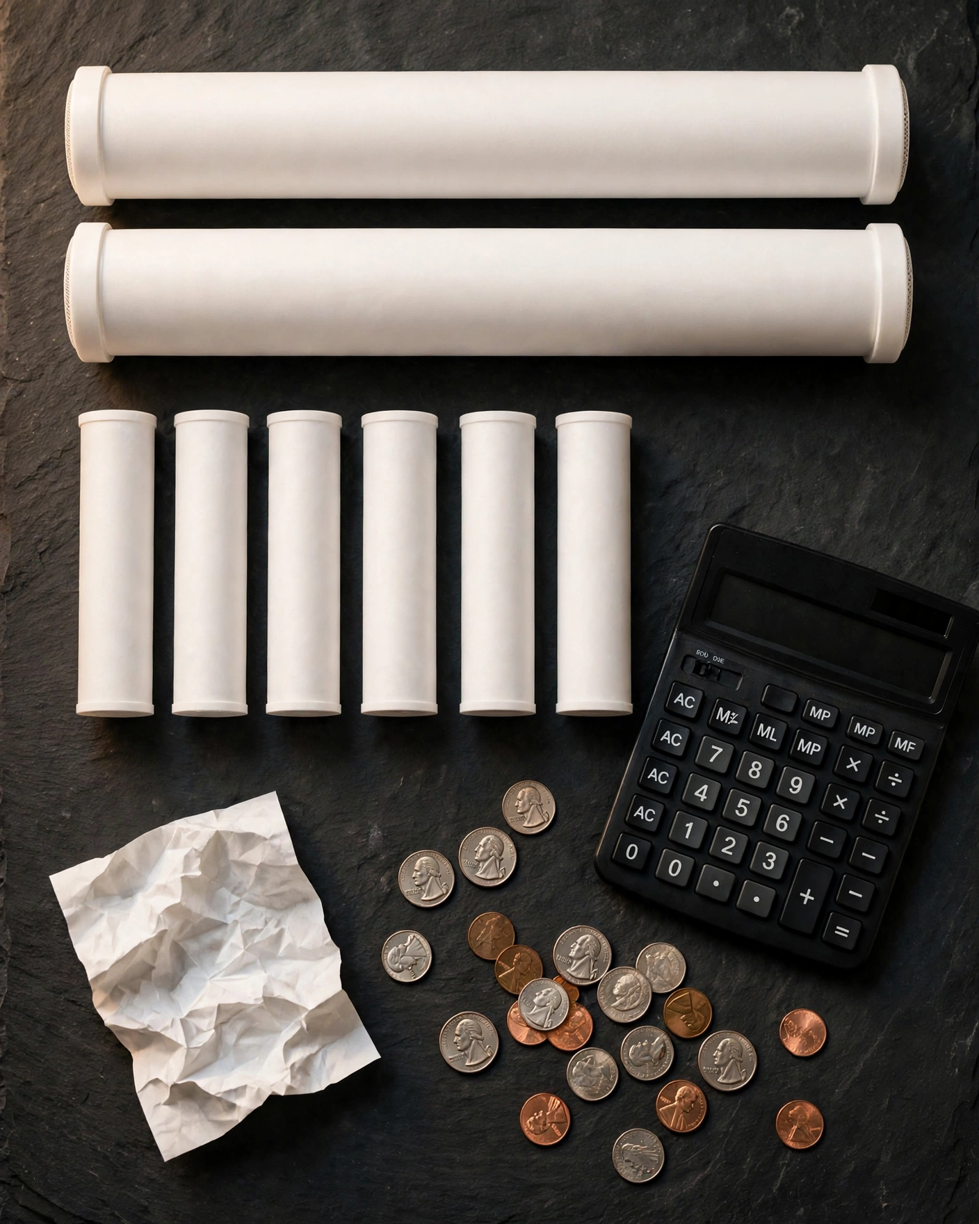 Flat-lay of two filter cartridges in one row and six in another beside a calculator, coins, and a blank receipt on dark slate