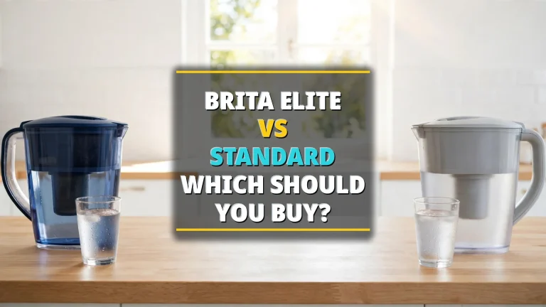 Brita Elite vs Standard filter comparison — two unlabeled pitchers with glasses of water
