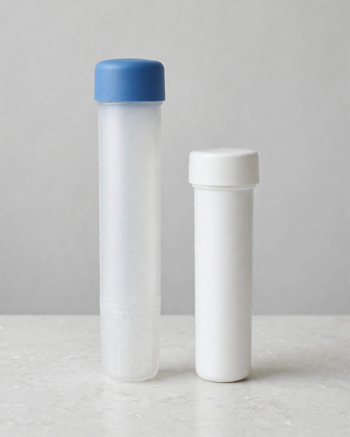 Two unlabeled filter cartridges side by side on a light quartz counter, one tall with a blue cap and one shorter and white