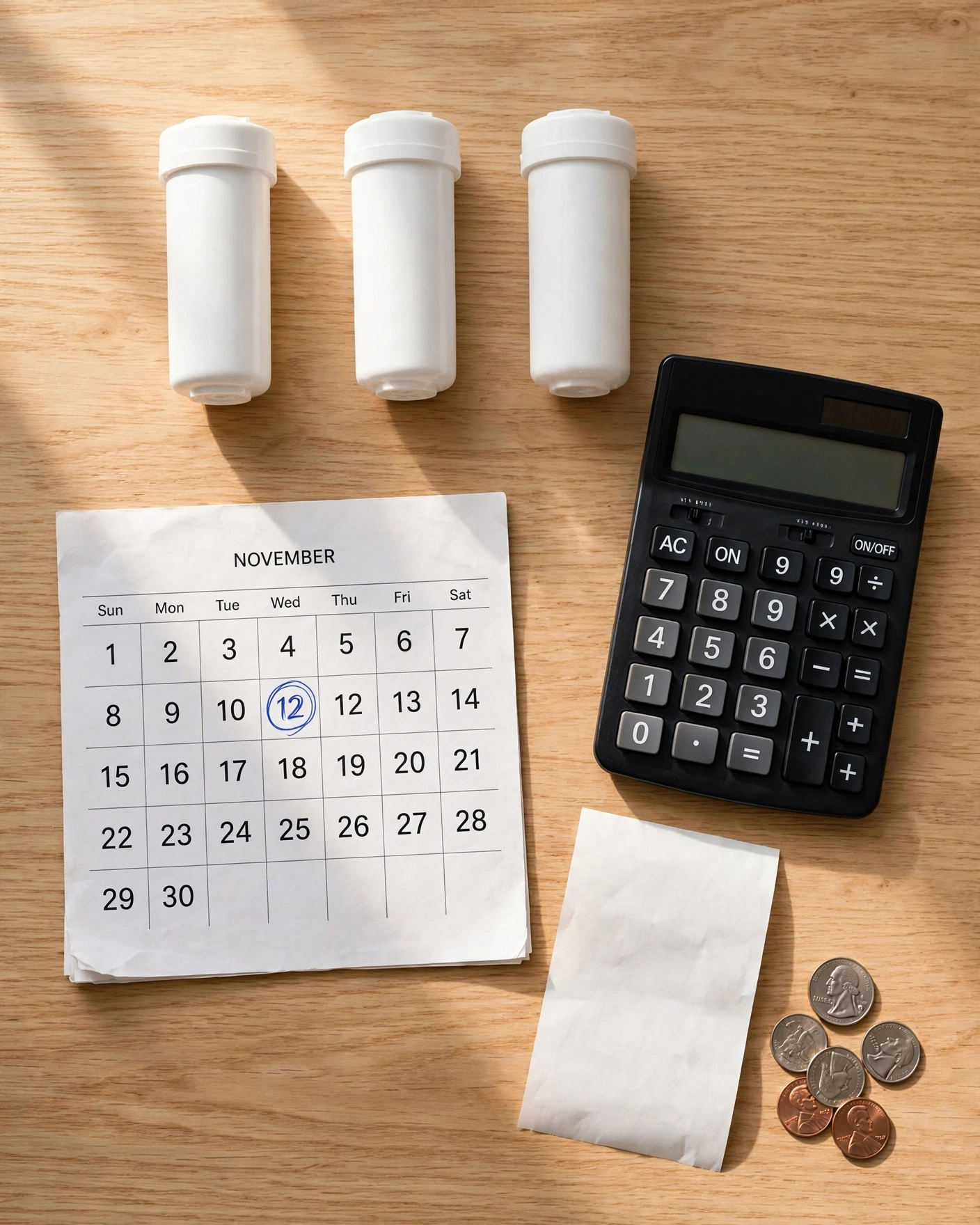 Standard filter cartridges with a calendar and calculator showing yearly replacement cost