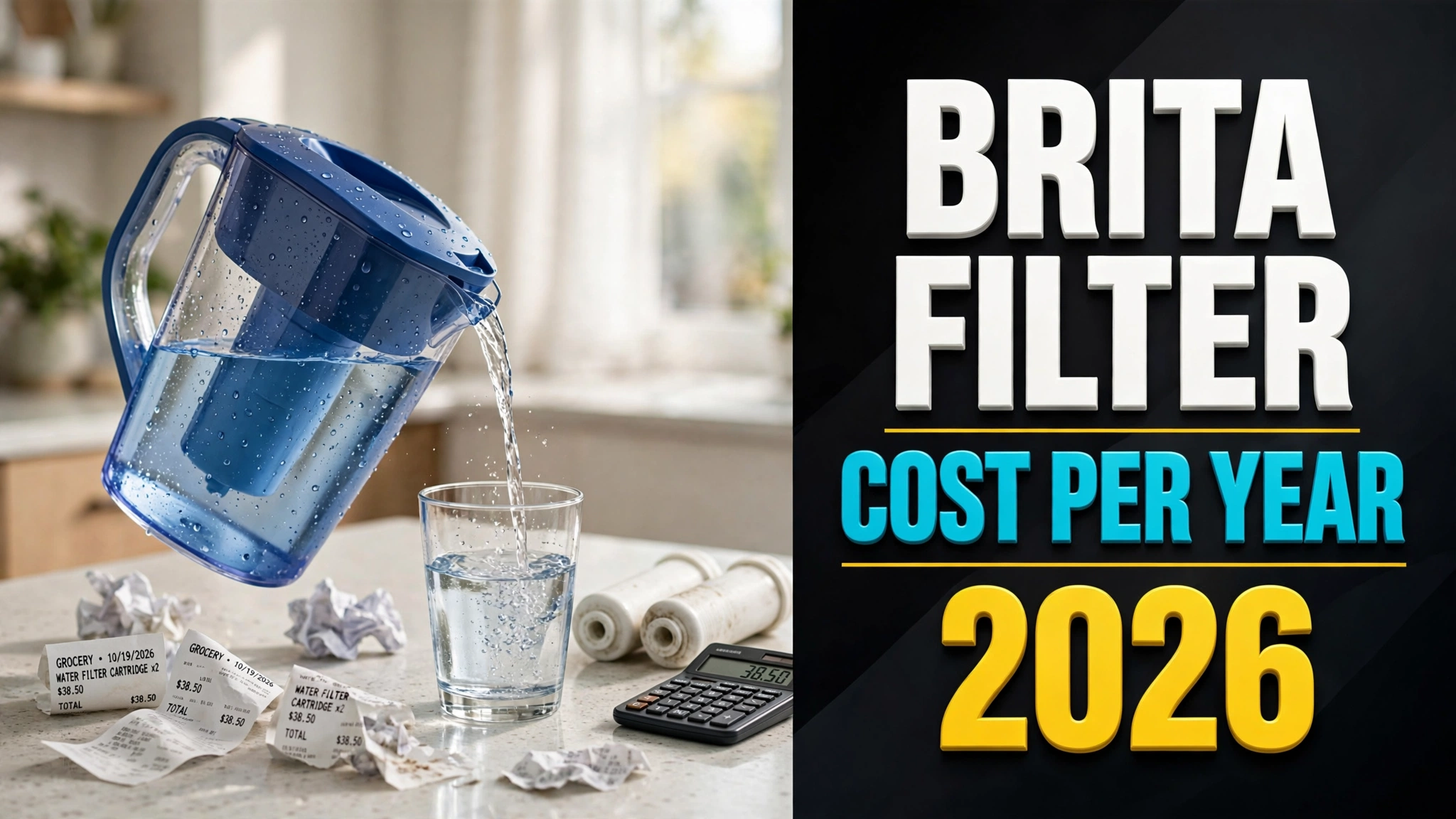 Blue water filter pitcher pouring into a glass beside used filter cartridges, store receipts, and a calculator