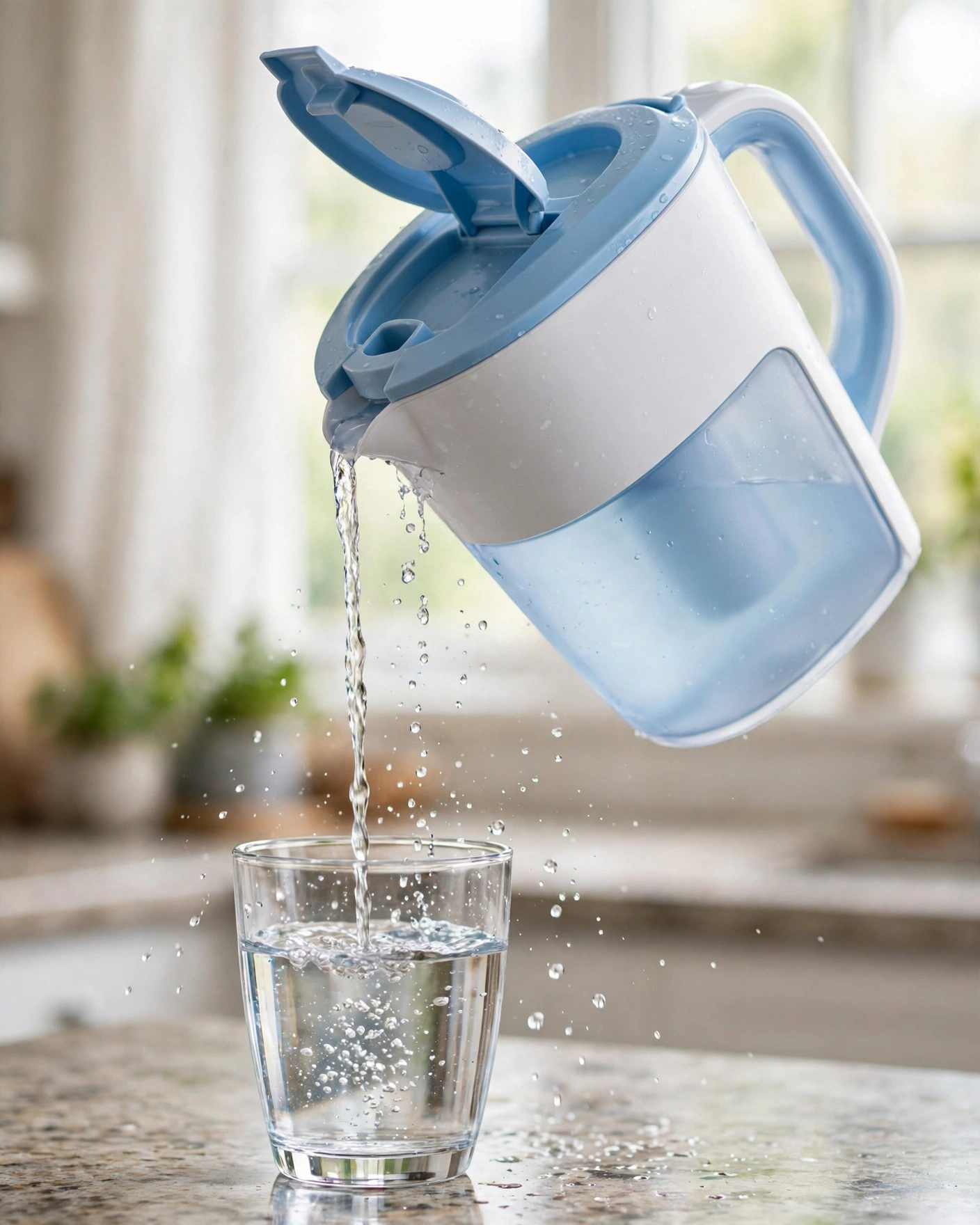 Pouring filtered water from a Brita Grand pitcher through its open flip-top lid into a glass