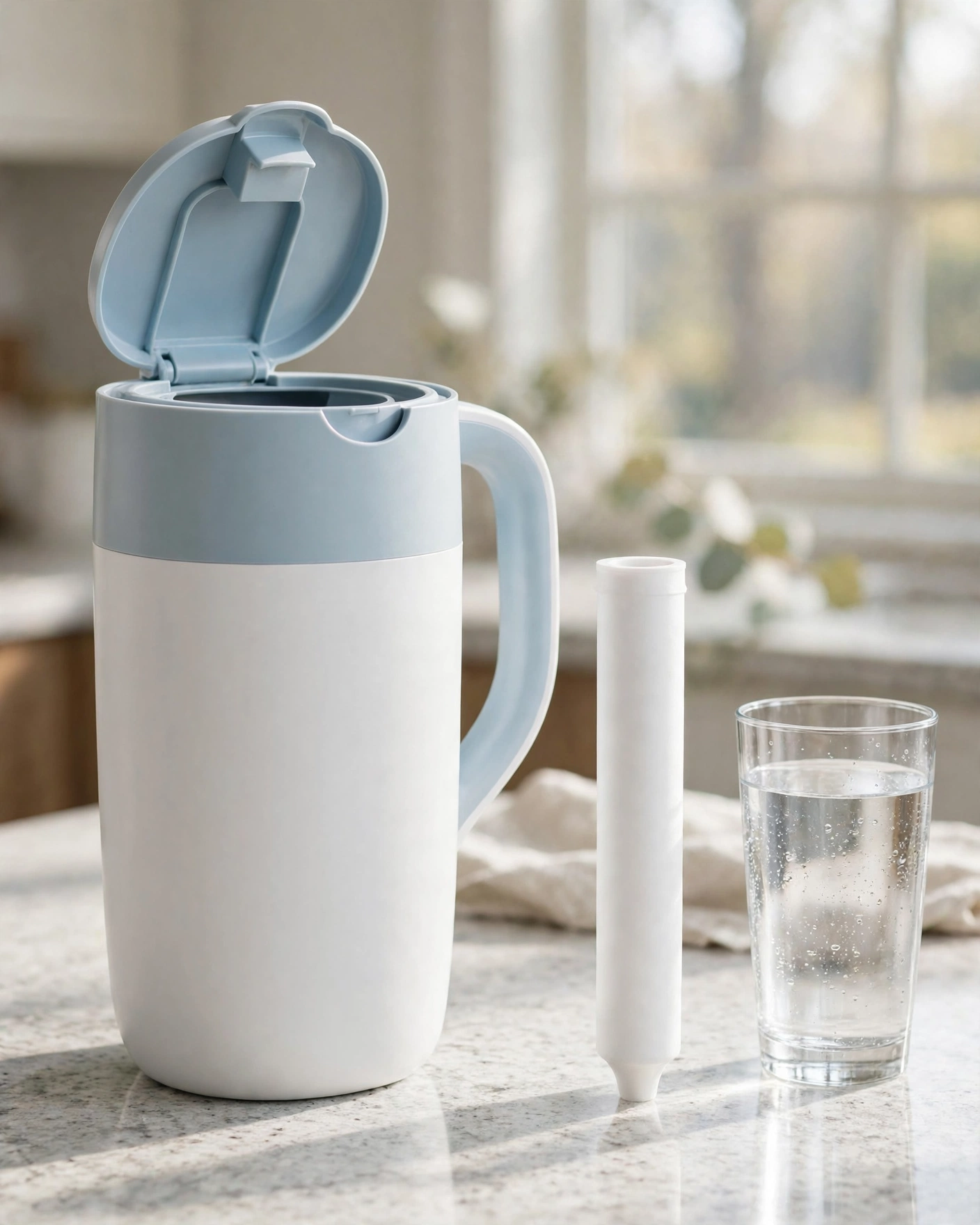 Brita Grand 10-cup pitcher with flip-top lid open and a Standard filter cartridge beside it