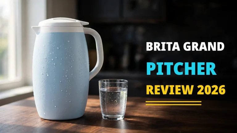 Brita Grand pitcher on a kitchen table with a glass of filtered water