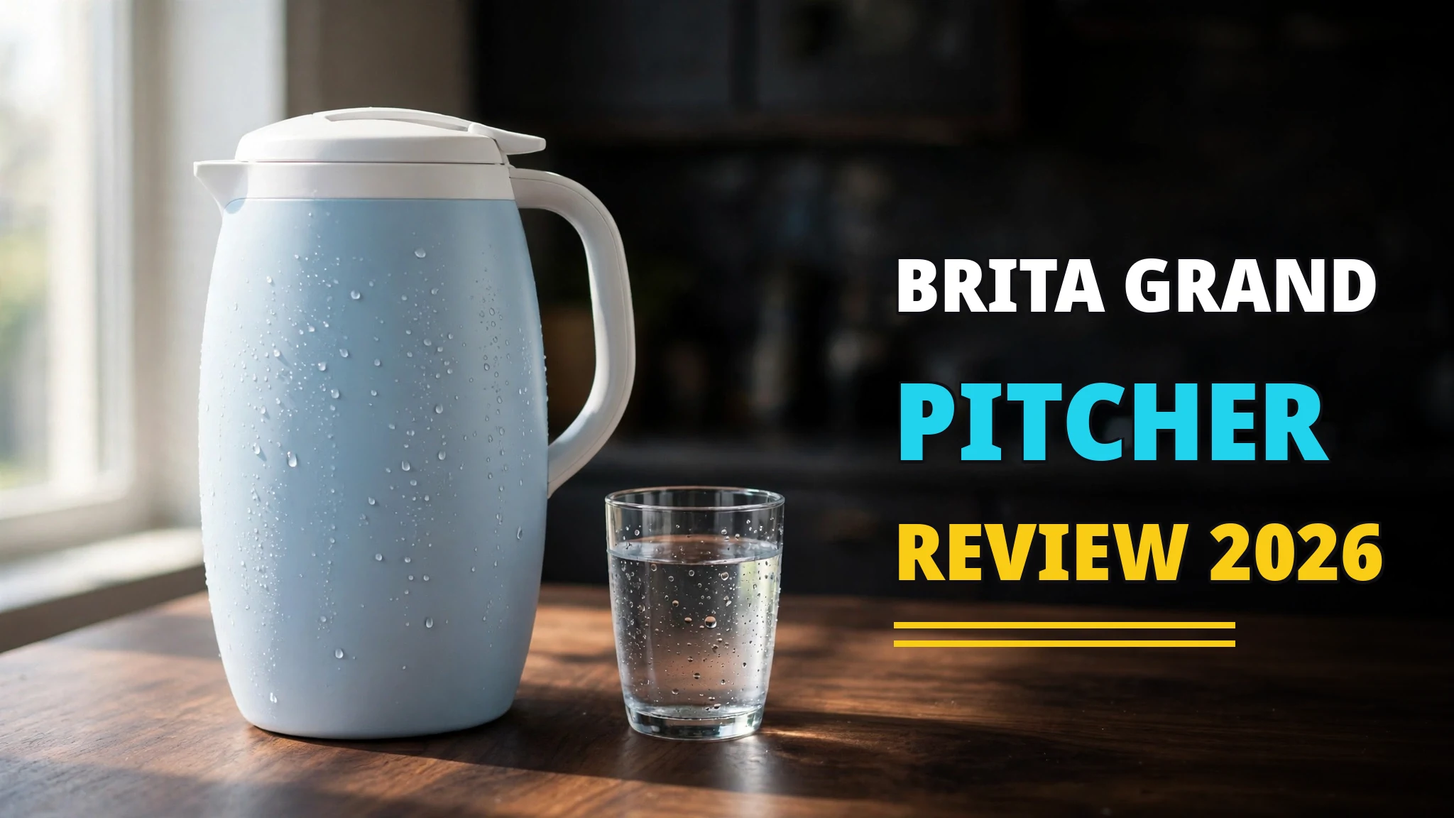 Brita Grand pitcher on a kitchen table with a glass of filtered water