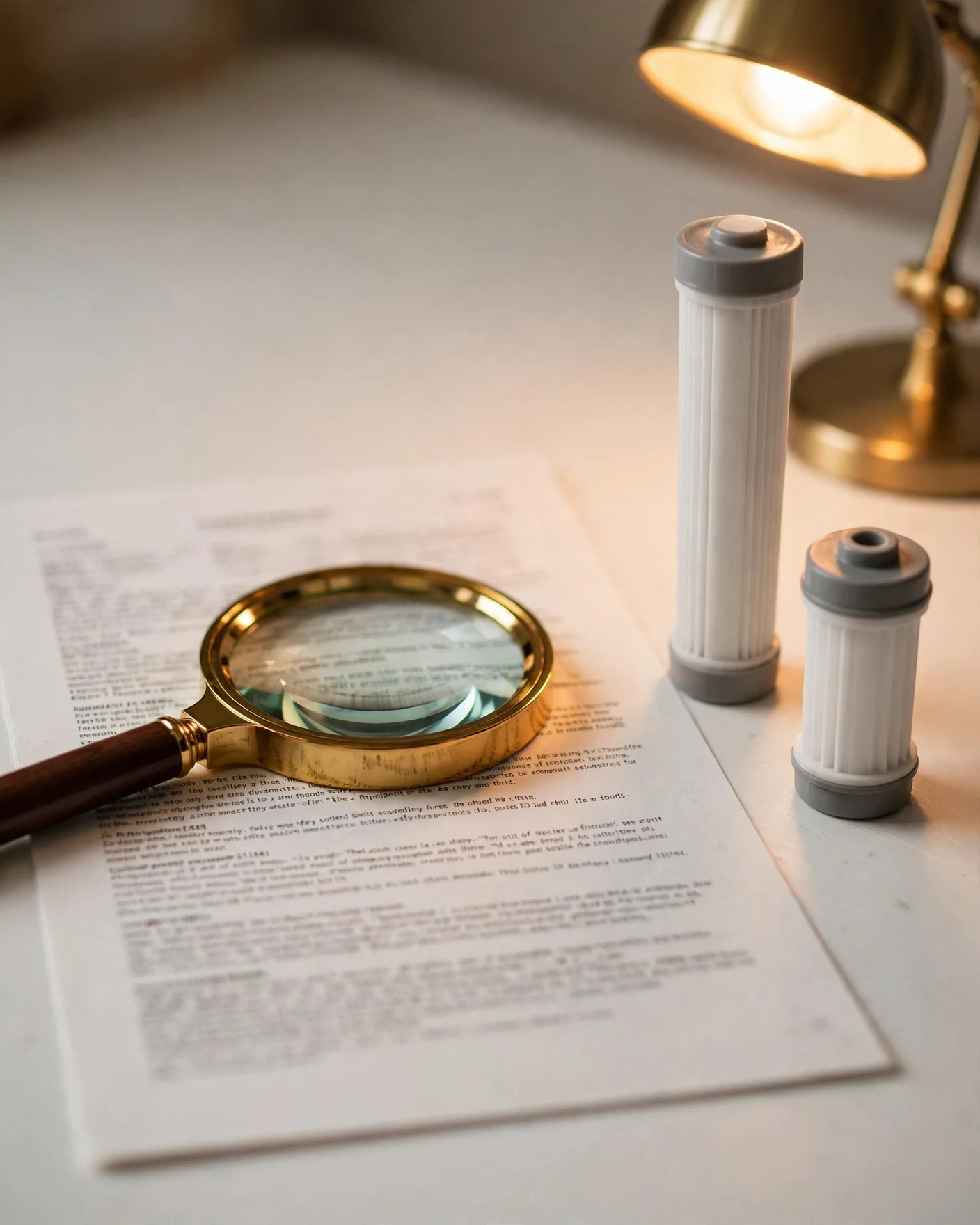 Printed performance data sheet page with a magnifier beside pitcher and faucet filter cartridges on a desk