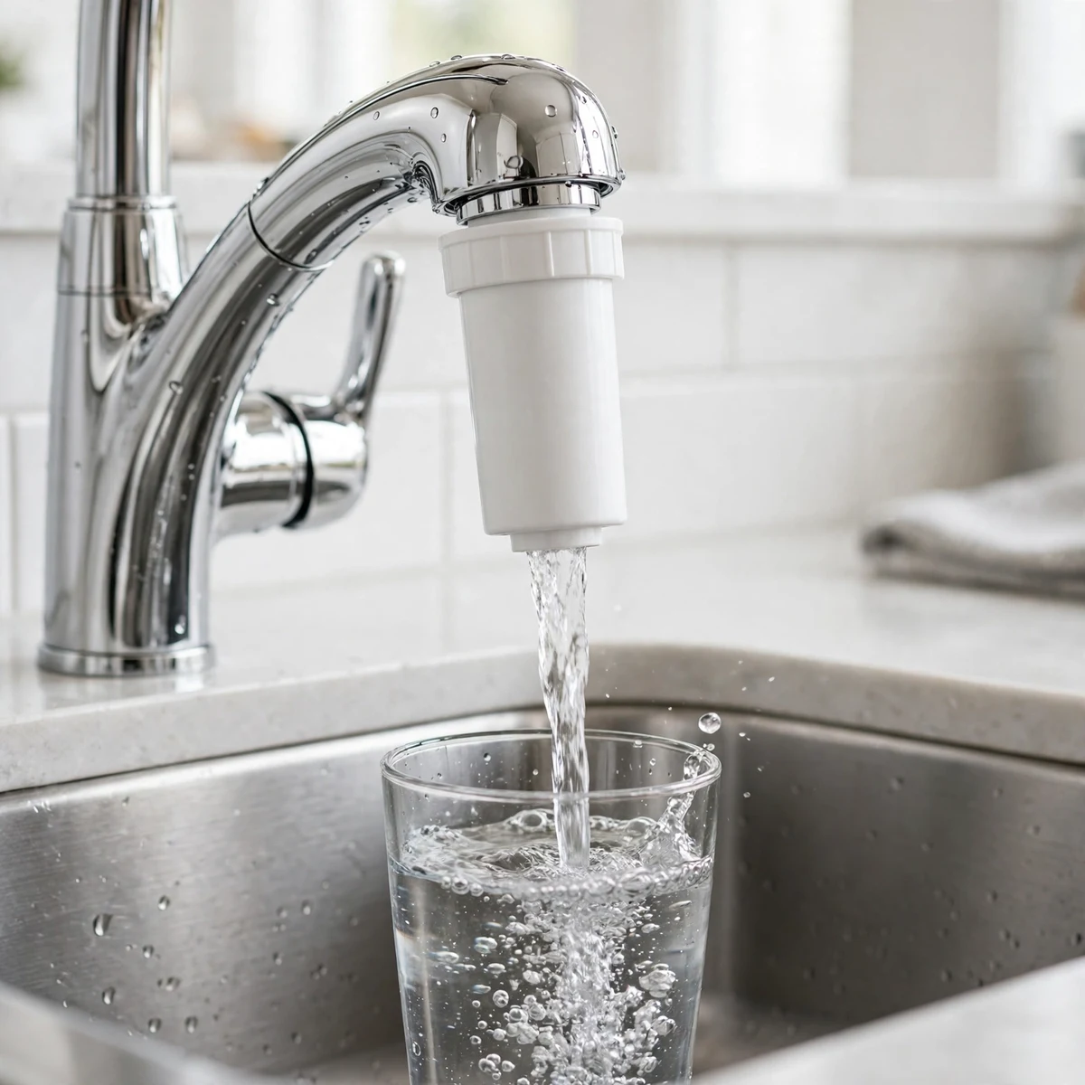 Chrome kitchen faucet with a white Brita-style faucet-mount filter pouring water into a glass in a sink
