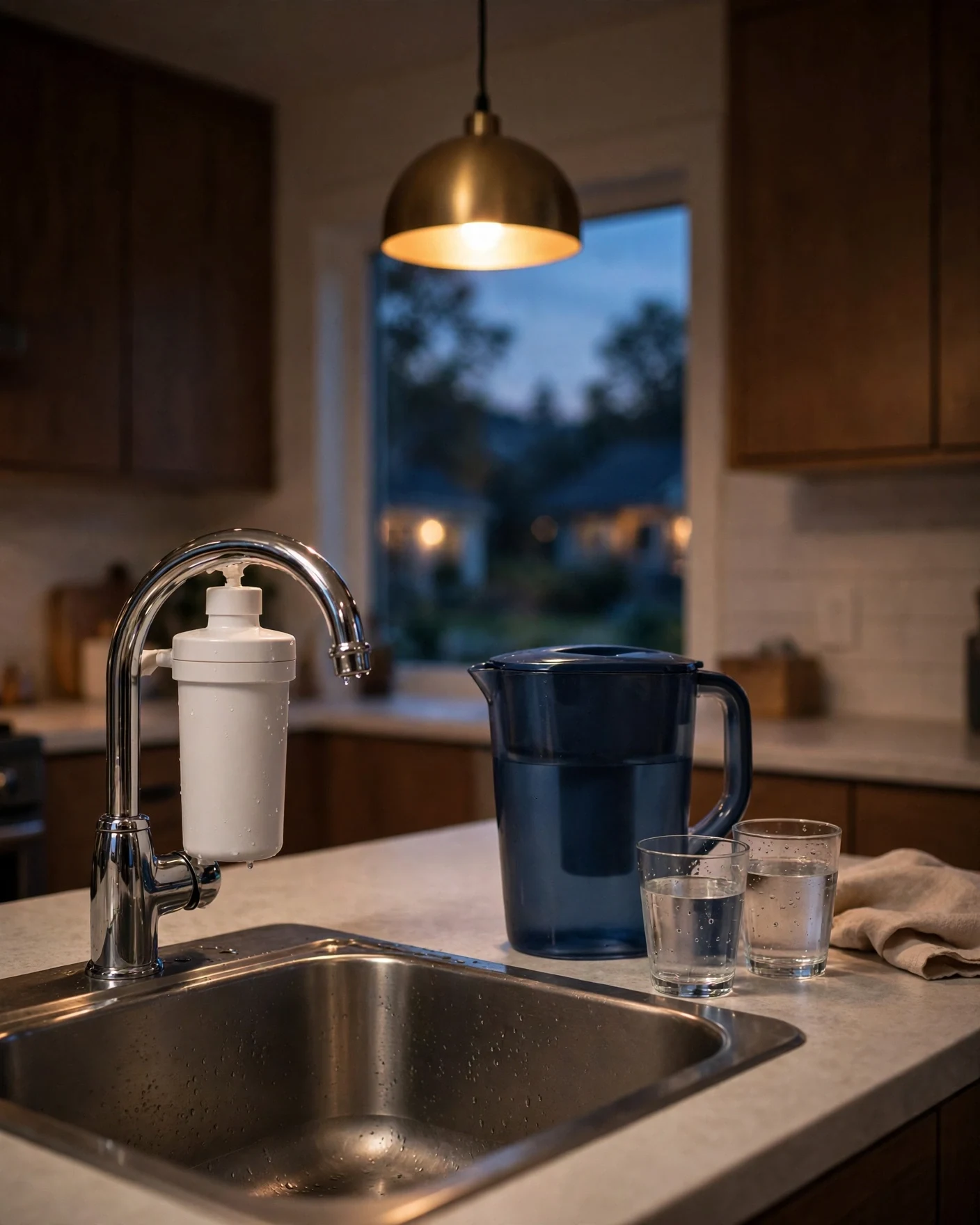 Kitchen sink at dusk with a faucet-mounted filter, an unlabeled blue pitcher, and two glasses of water