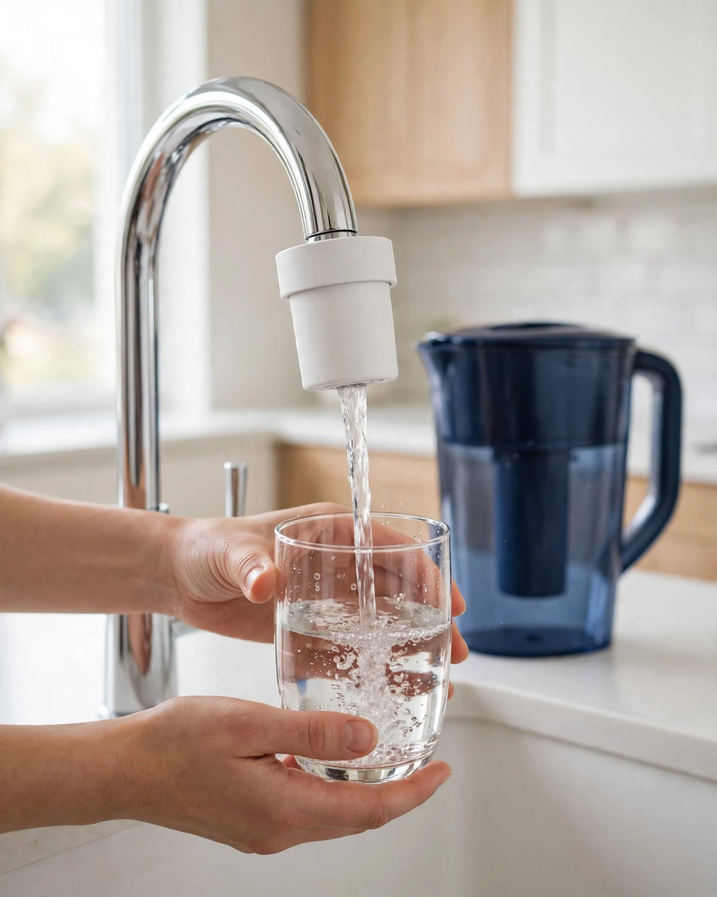 Hands filling a glass from a kitchen faucet with a white faucet-mount filter attached while a pitcher waits on the counter