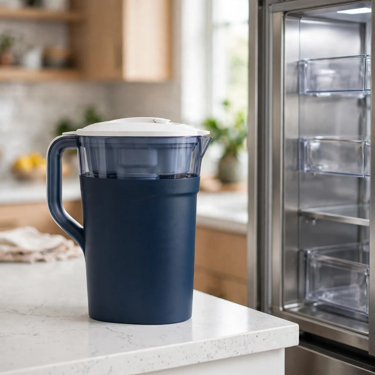 Brita dark-blue water filter pitcher with white lid on a white quartz counter beside an open fridge door