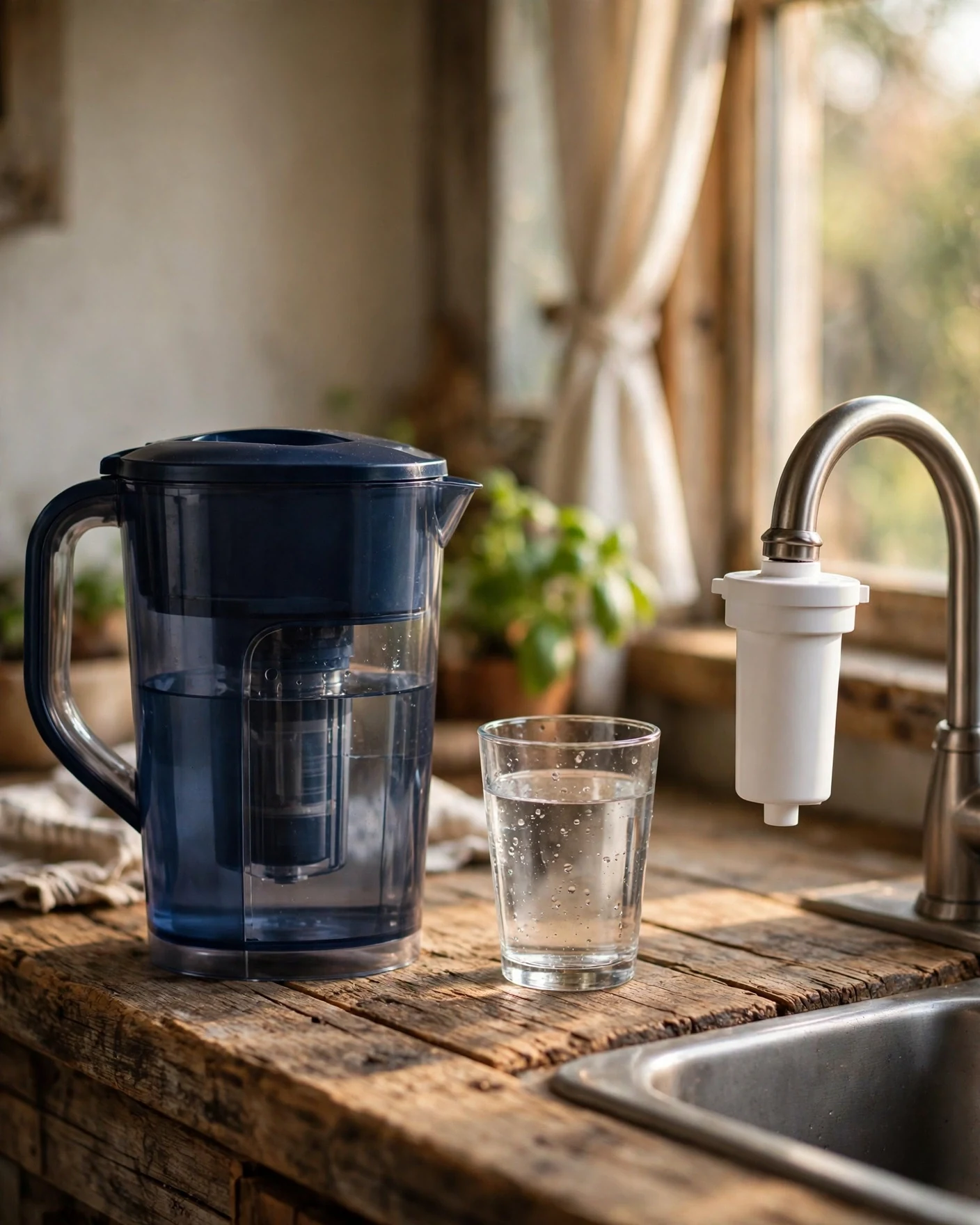 Unlabeled dark-blue Brita-style pitcher and a kitchen faucet with a white faucet-mount filter facing each other across a glass of water