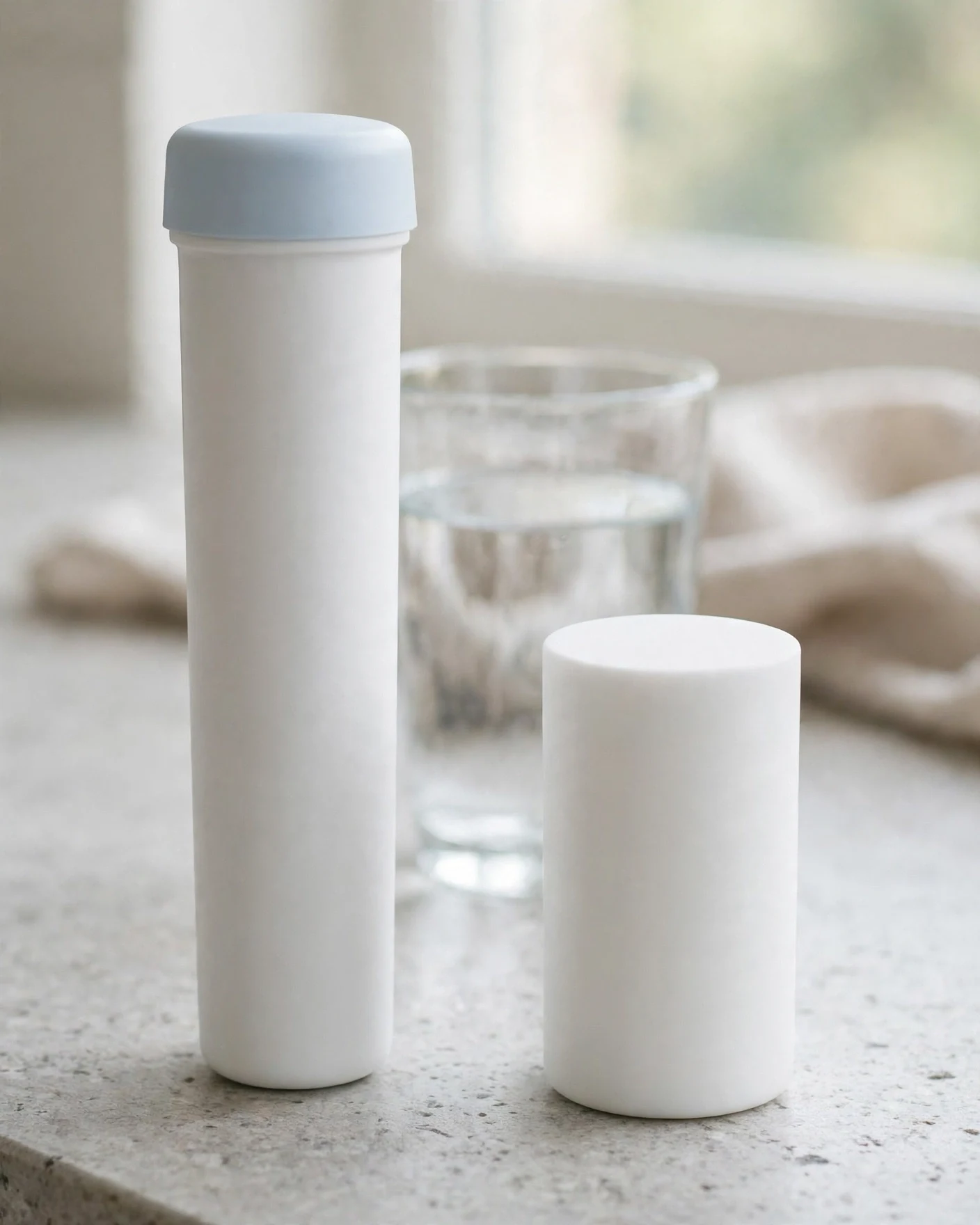 Tall pale-blue pitcher filter cartridge standing beside a short white faucet filter cartridge on a stone counter