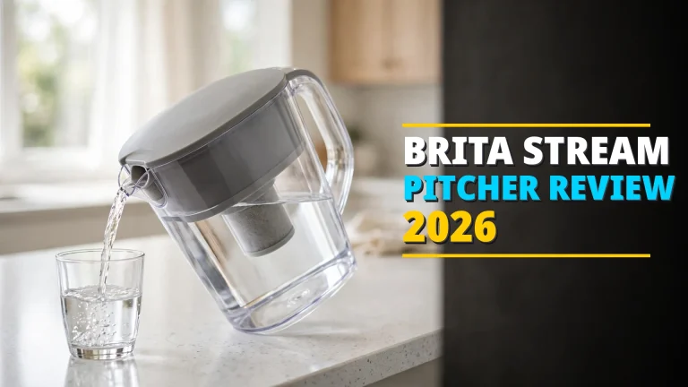 Brita Stream-style filter-as-you-pour pitcher pouring filtered water into a glass