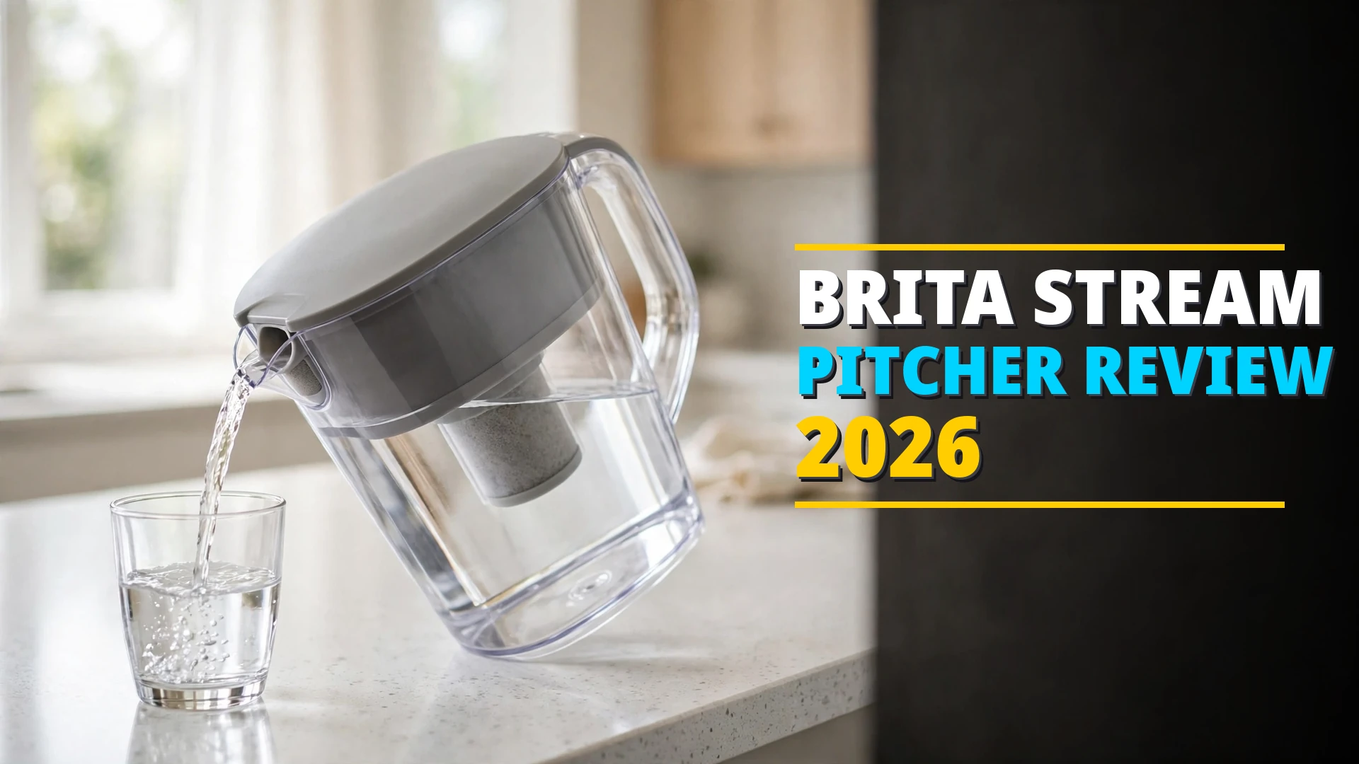 Brita Stream-style filter-as-you-pour pitcher pouring filtered water into a glass
