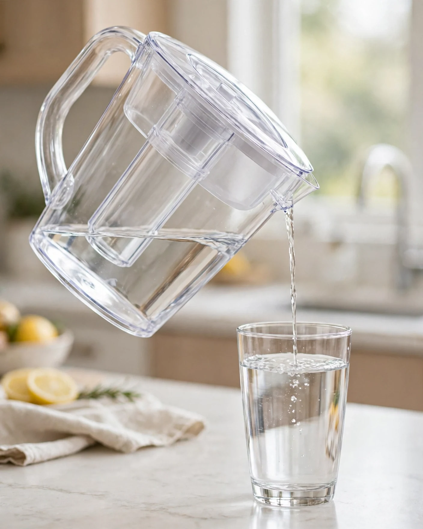 Stream pitcher tilted high with a slow trickle and water remaining in the bottom