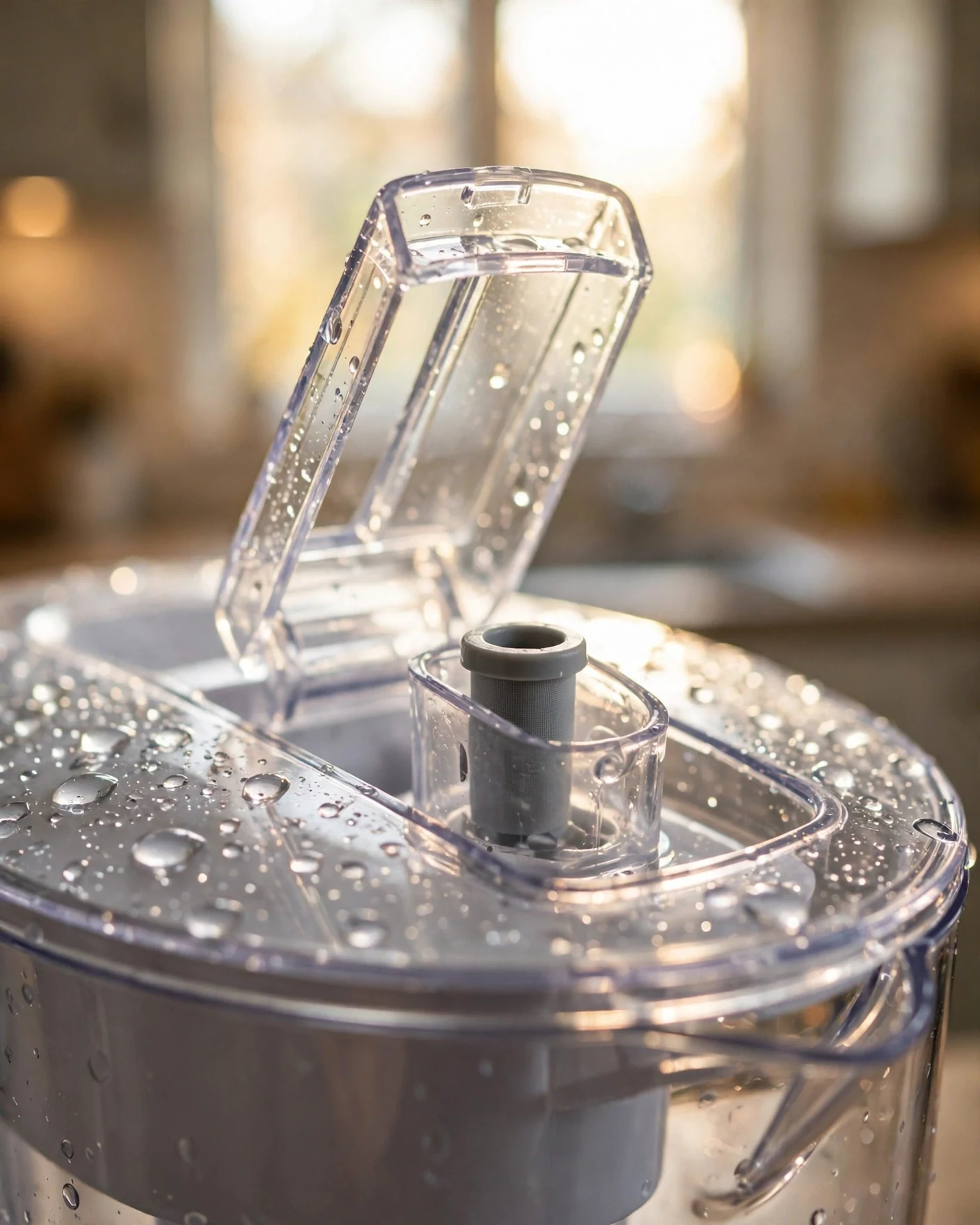 Close-up of the small spout-mounted StreamFilter in a Brita Stream pitcher lid