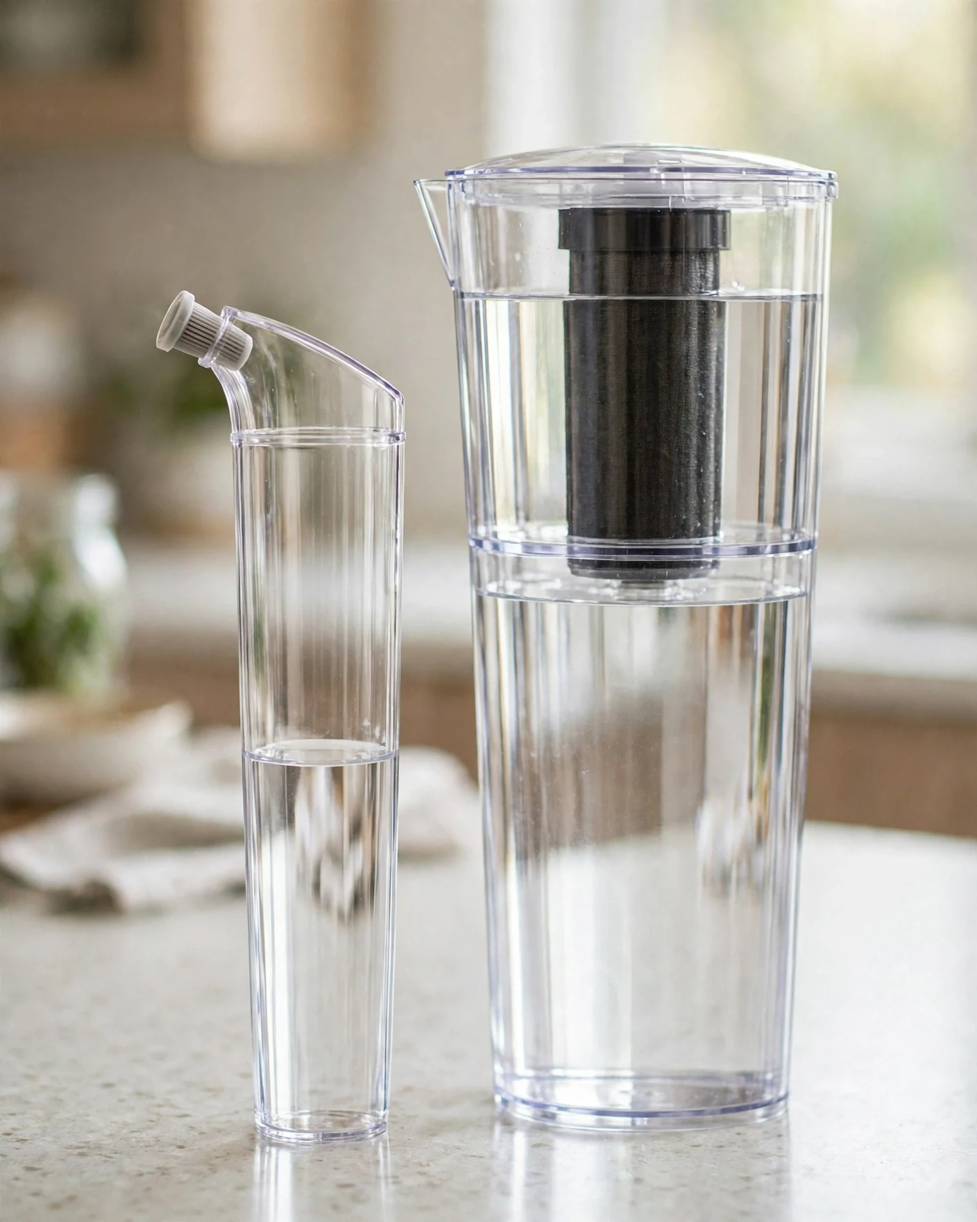 Stream filter-as-you-pour pitcher beside a taller reservoir-style pitcher with filter cartridge
