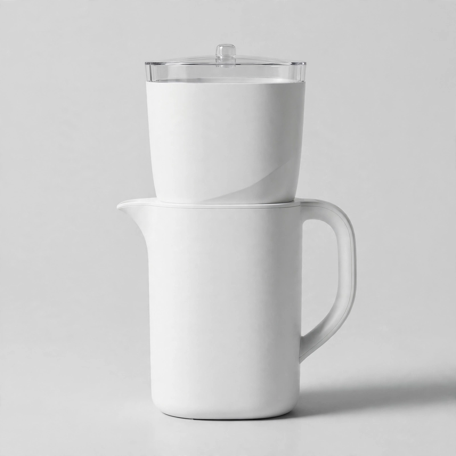 Sleek white water filter pitcher on a studio background