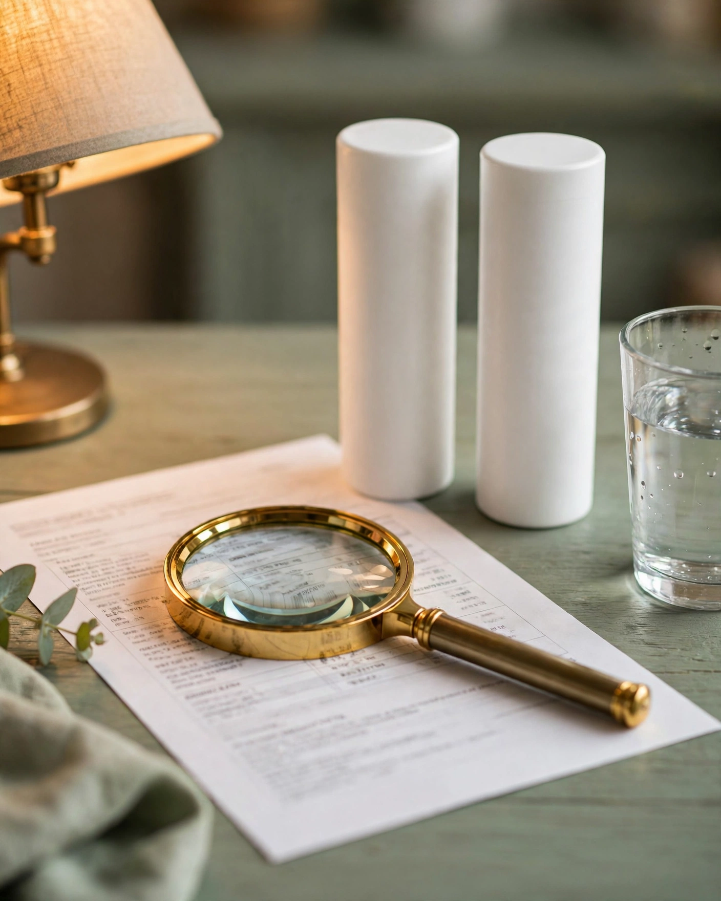 Magnifying glass over a blurred performance data sheet beside two unlabeled filter cartridges on a sage-toned desk