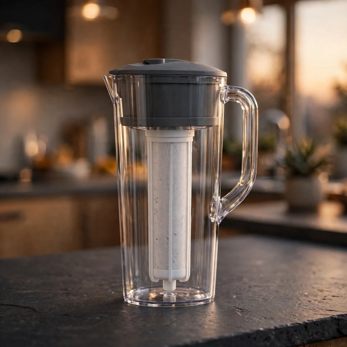 Clearly Filtered tall clear water filter pitcher with dark grey lid and visible white cartridge on a dark slate counter in evening light