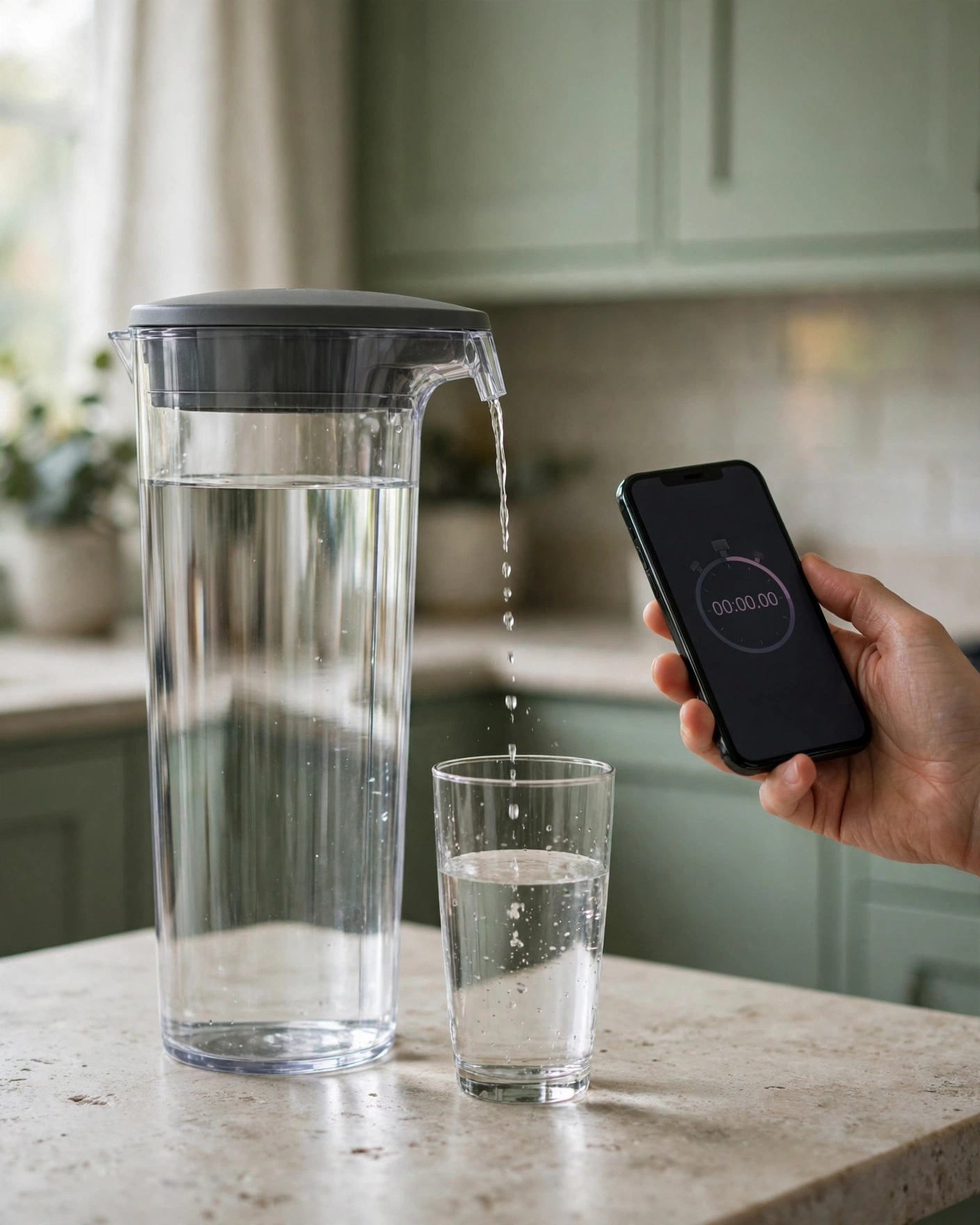 A hand holding a phone stopwatch beside a thin slow stream of water from an unlabeled clear pitcher into a glass