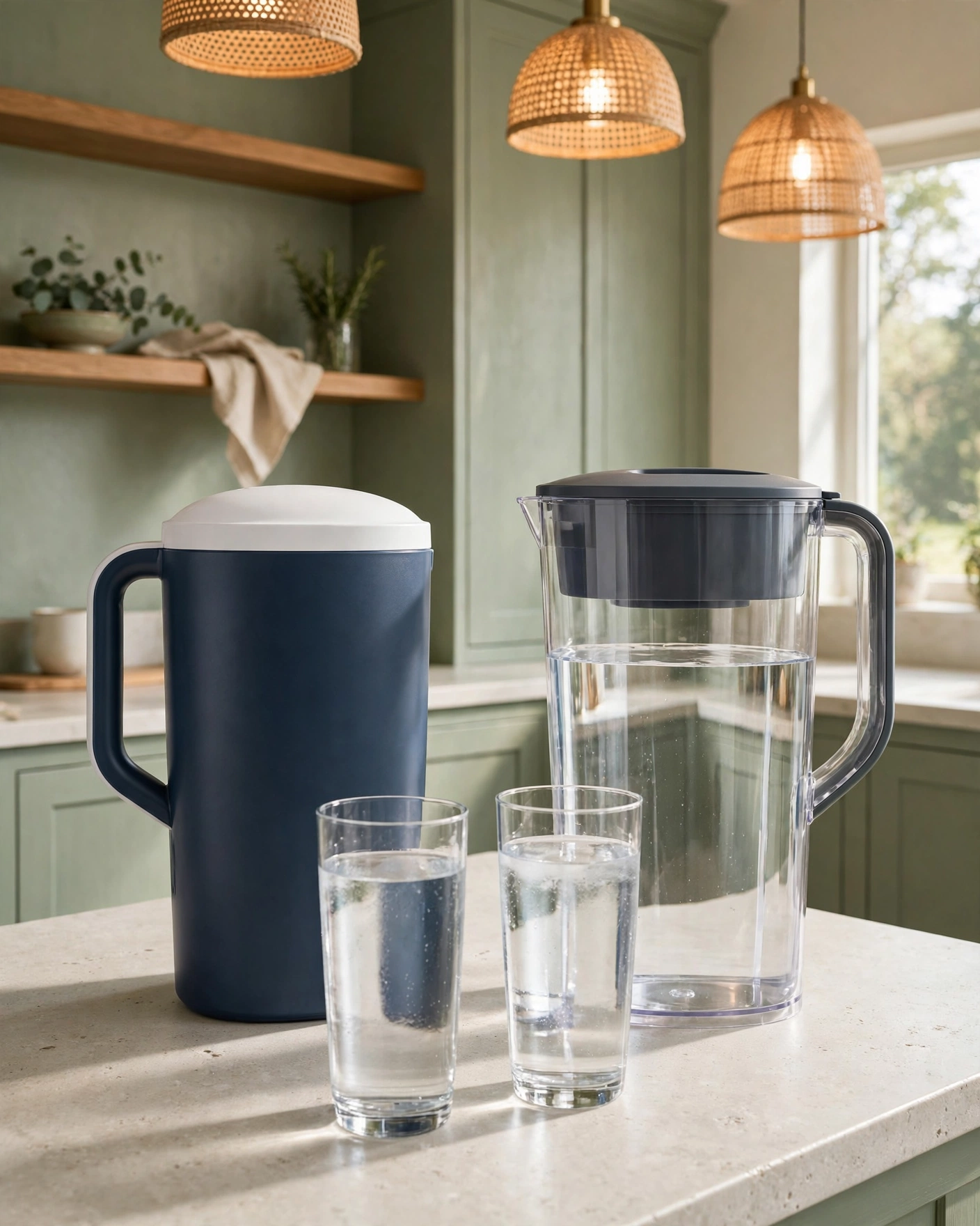 Two unlabeled water filter pitchers — a dark-blue pitcher with a white lid and a clear pitcher with a dark-grey lid — beside two glasses of water on a pale stone counter in a sage-green kitchen