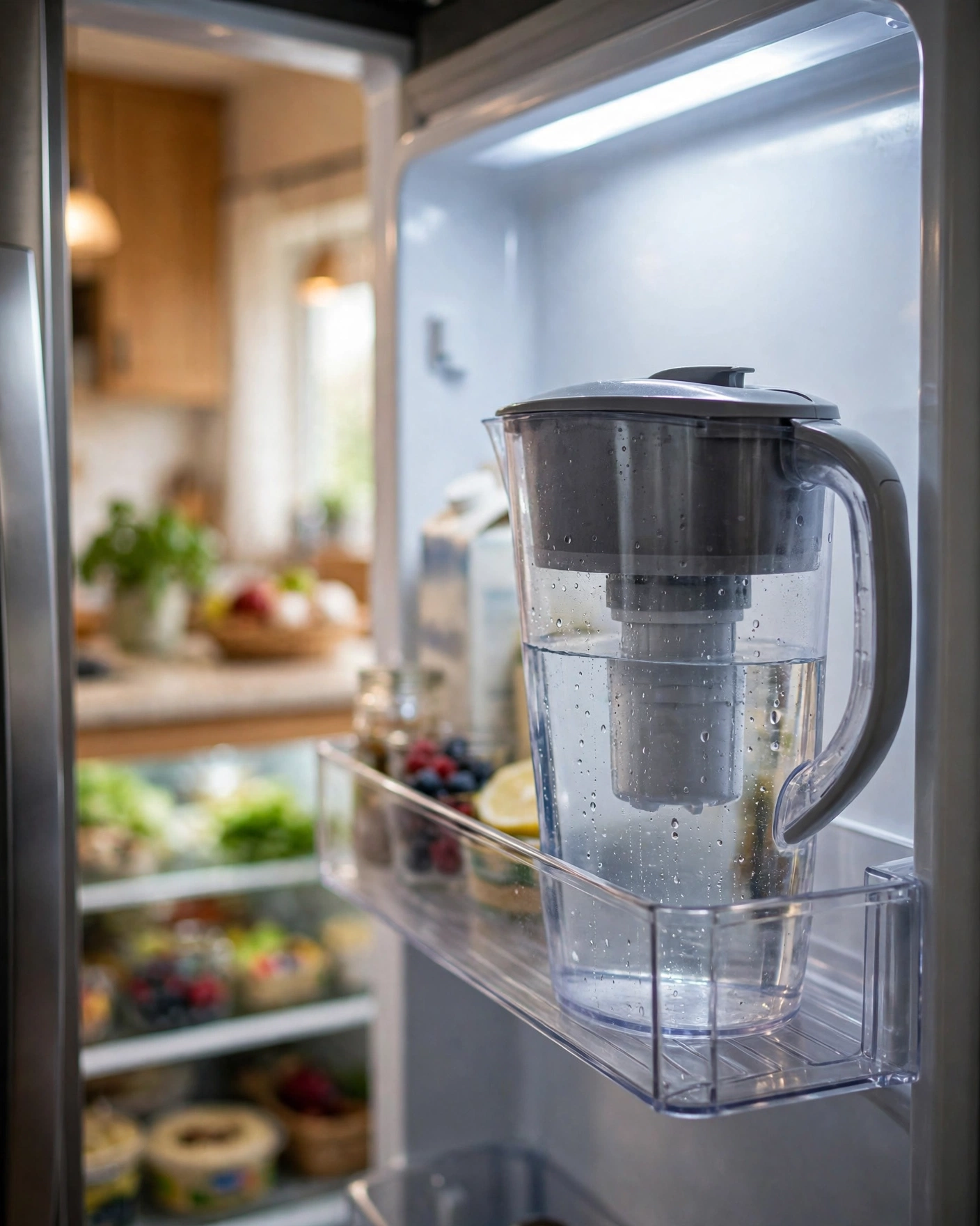 Water filter pitcher on a refrigerator door shelf