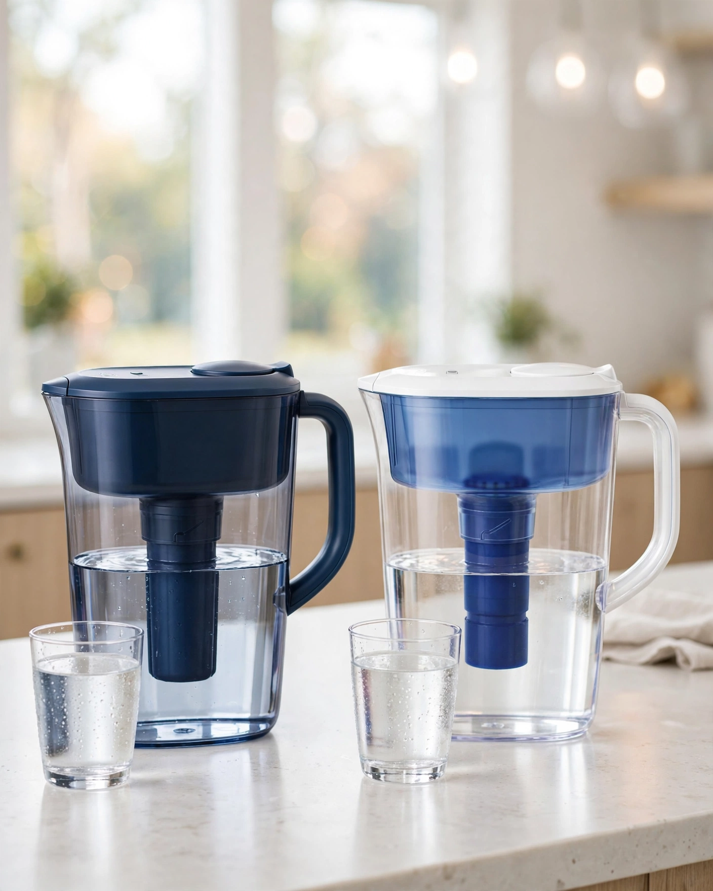 Brita Elite pitcher and PUR PLUS pitcher side by side on a kitchen counter