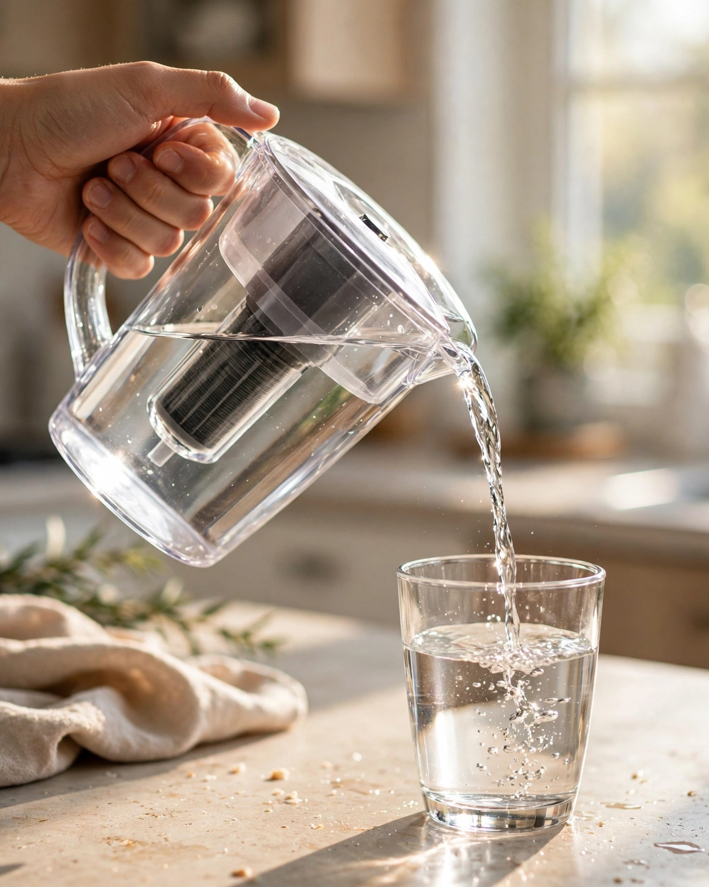 Pouring filtered water from a pitcher into a glass