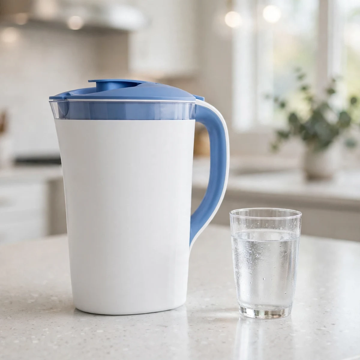 PUR PLUS white-and-blue 11-cup water filter pitcher with a glass of filtered water on a quartz counter