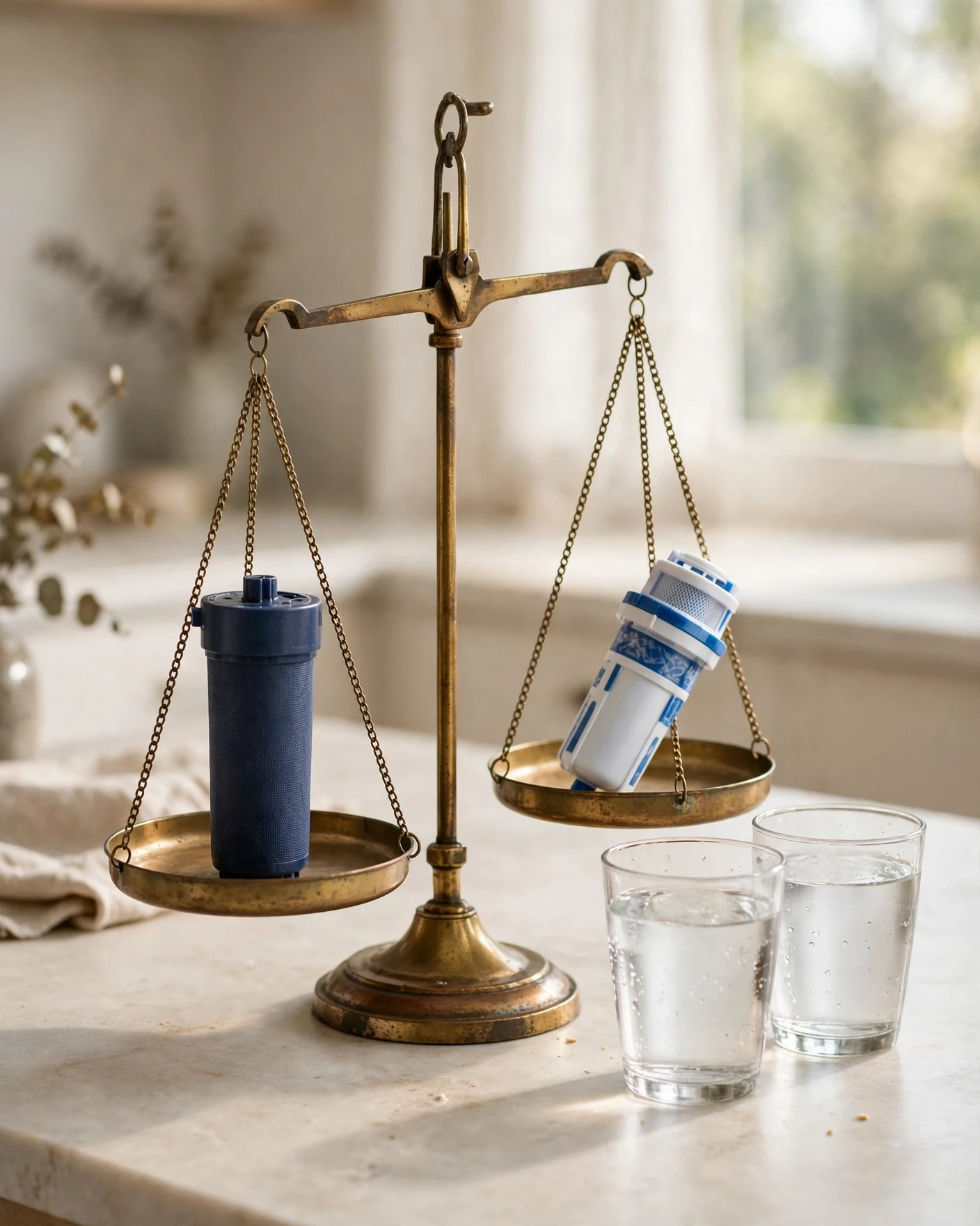 Balance scale comparing Brita and PUR filter cartridges with two glasses of filtered water