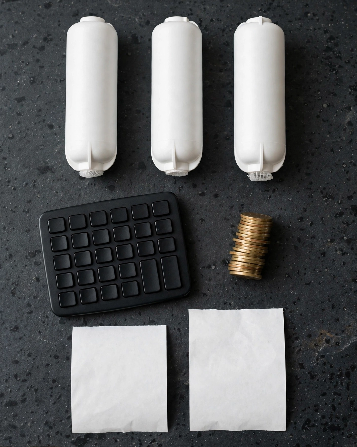 Unlabeled filter cartridges with a calculator, coin stacks, and blank receipts arranged on a dark counter
