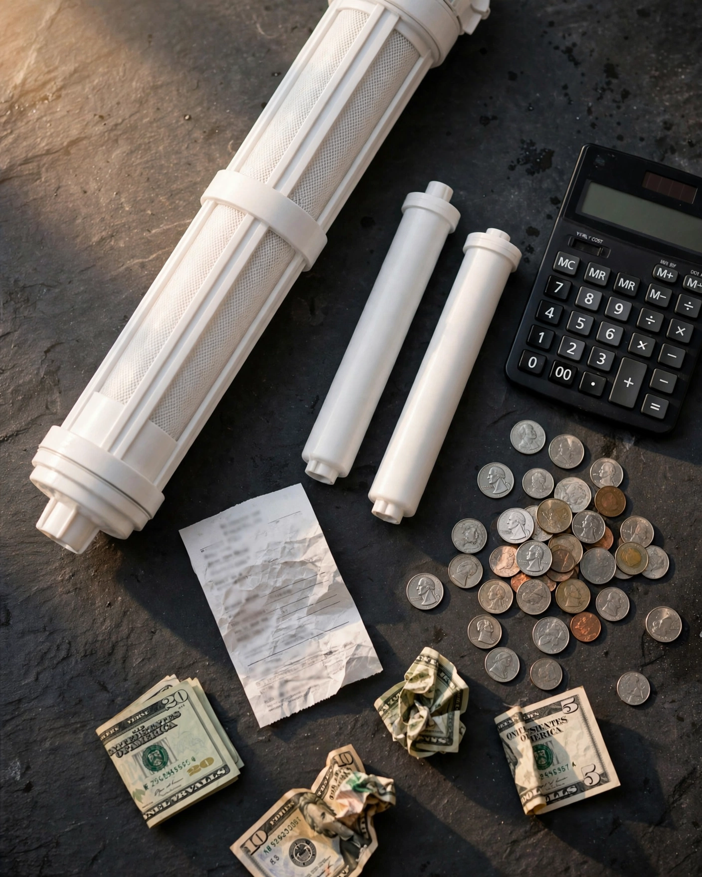Replacement filter cartridges, calculator, coins and receipt showing yearly filter cost