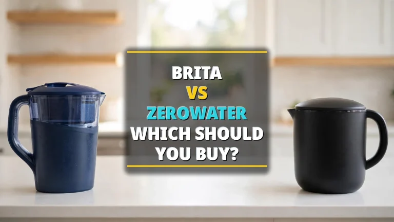 Brita vs ZeroWater — two unlabeled pitchers and a glass of water on a terracotta kitchen counter