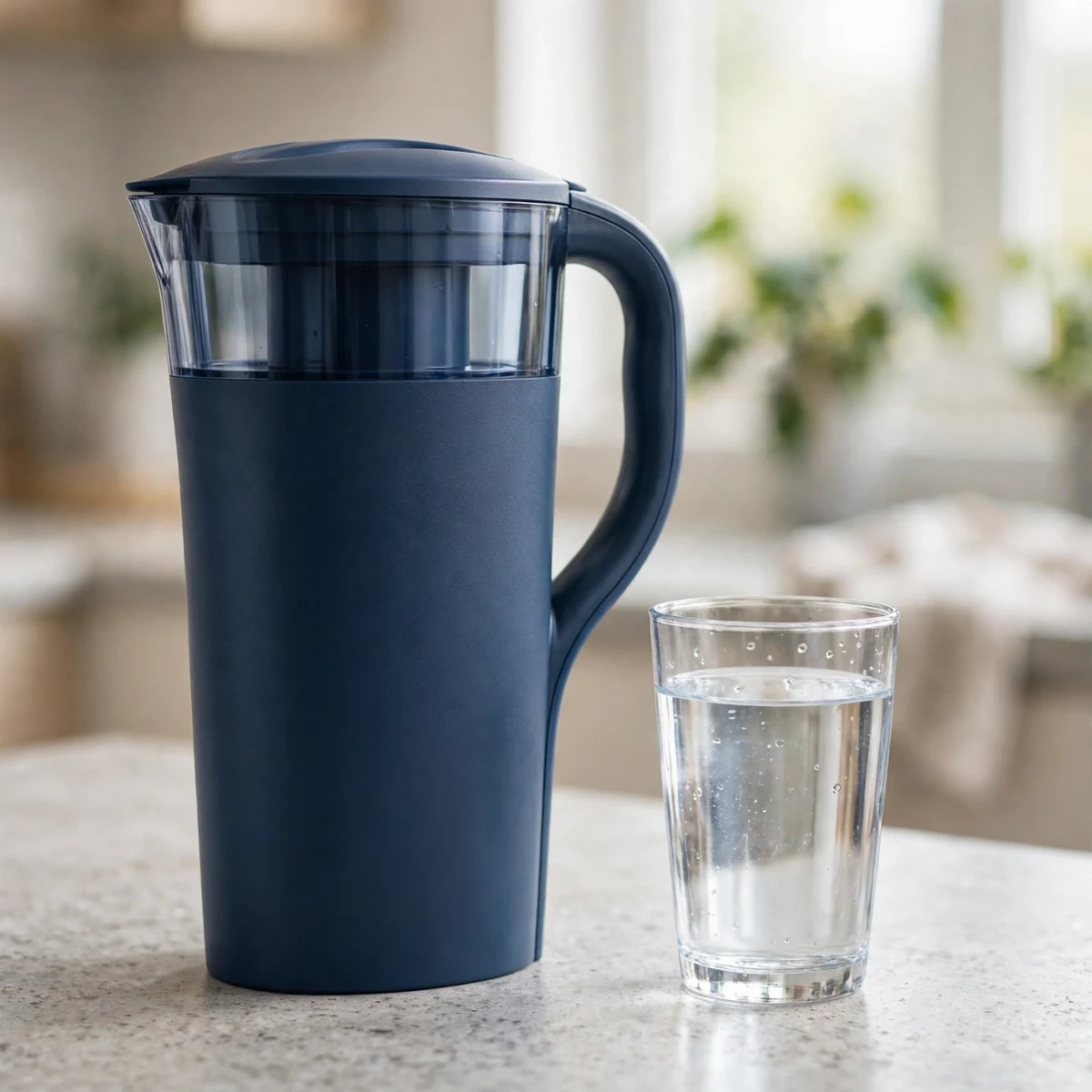Brita Elite dark-blue water filter pitcher with a glass of filtered water on a grey stone counter