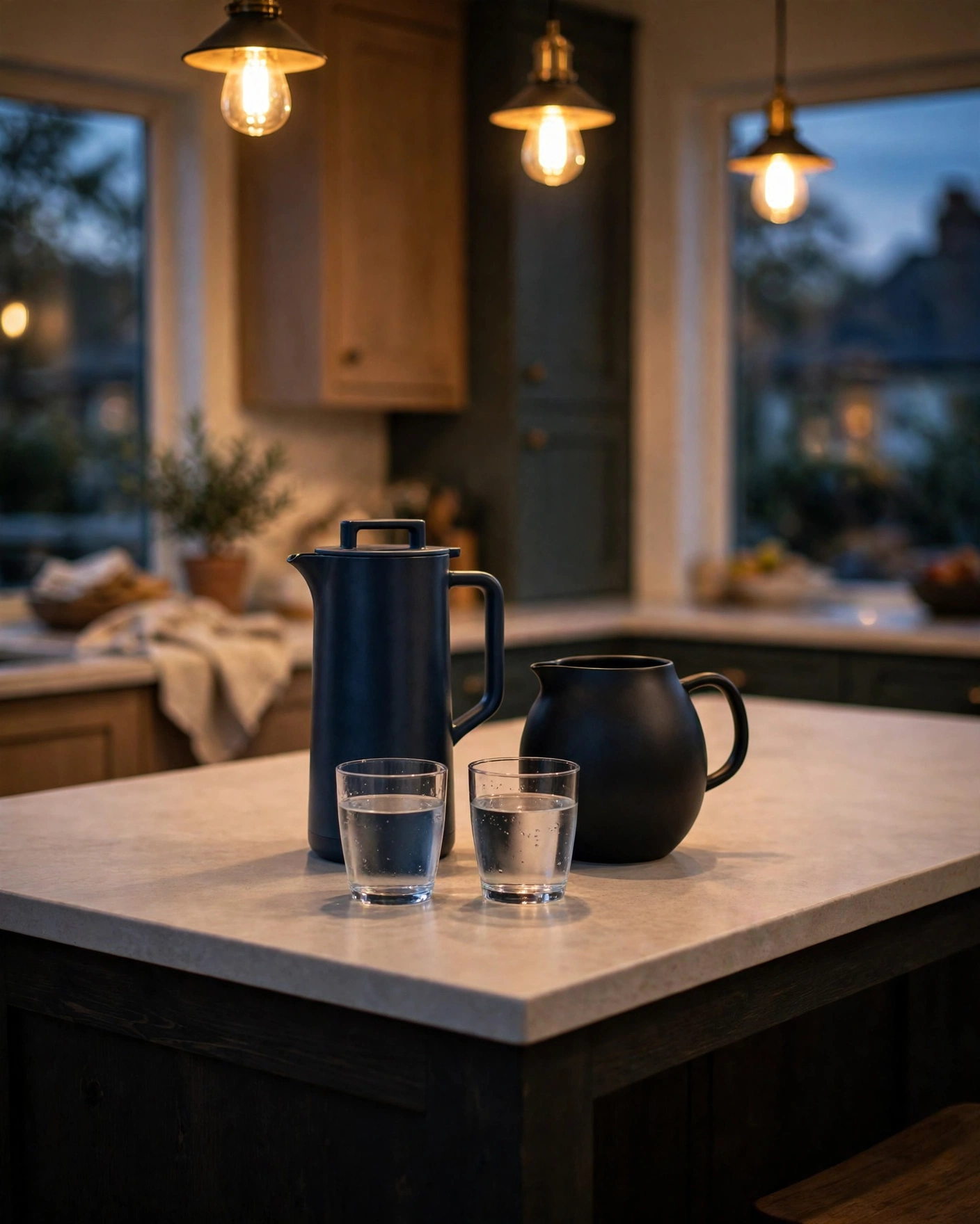 Two unlabeled pitchers and two glasses of water on a kitchen island under warm evening light