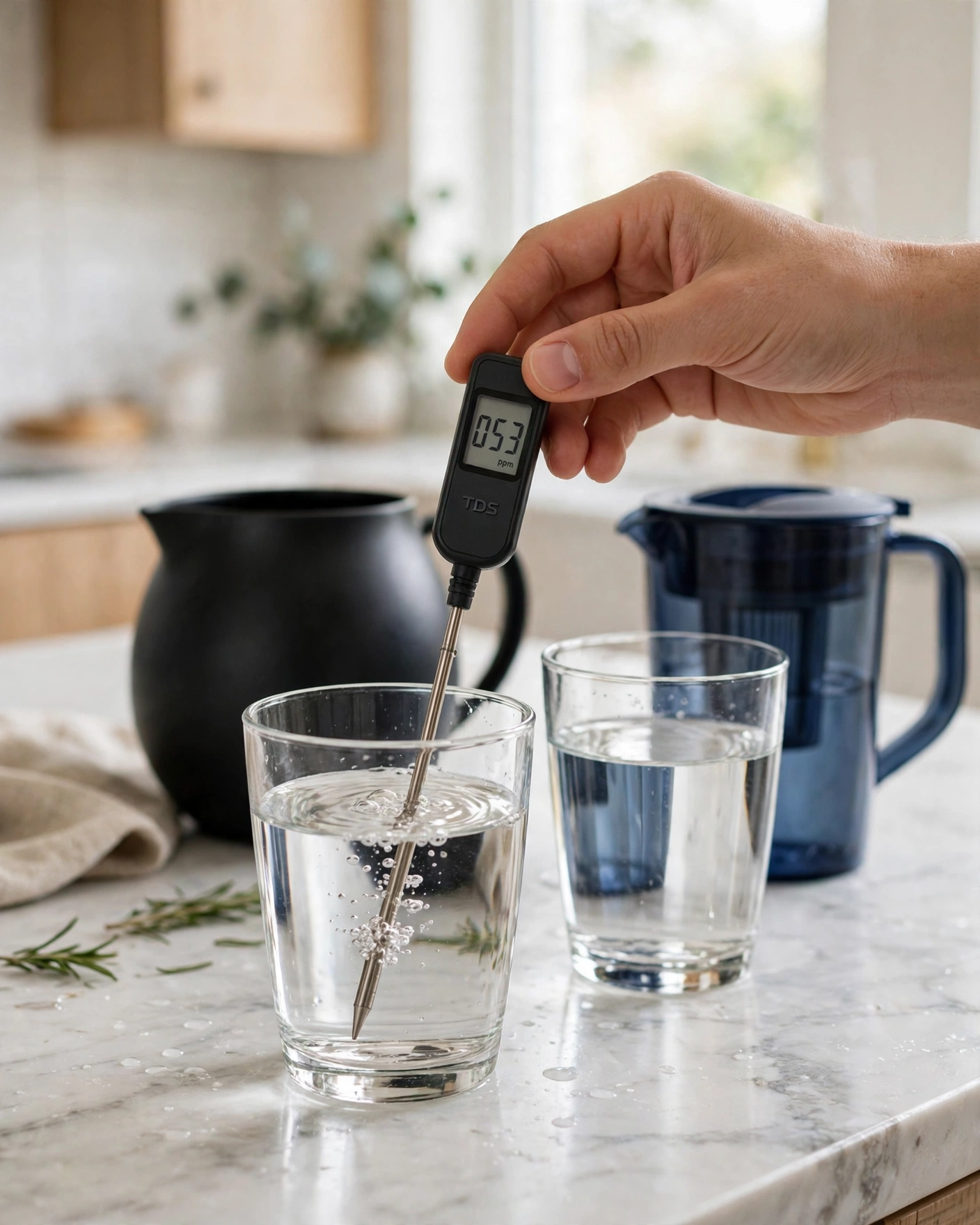 Hand holding a TDS meter in a glass of water with two unlabeled pitchers on a bright kitchen counter