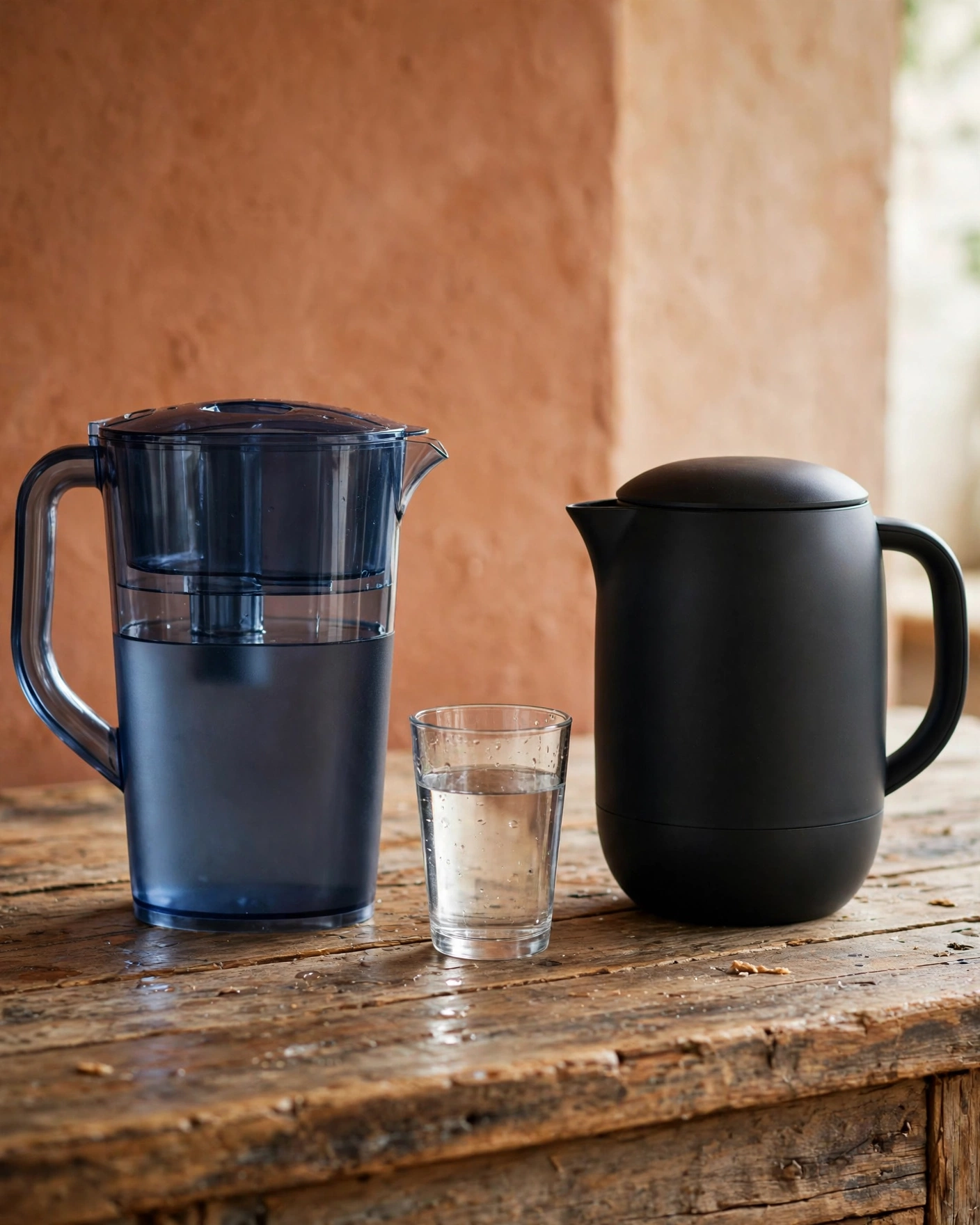 Two unlabeled water filter pitchers facing each other across a glass of water on a rustic wood counter