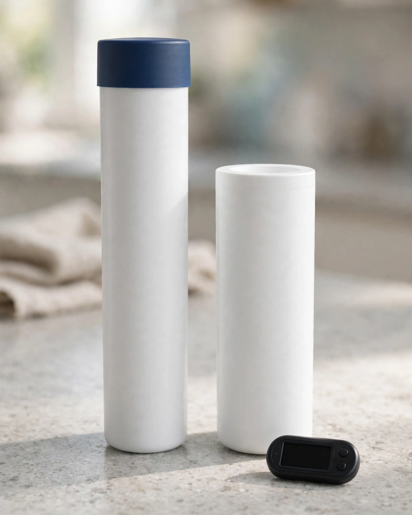 Brita Elite cartridge and ZeroWater 5-stage cartridge standing side by side with a TDS meter on a stone counter