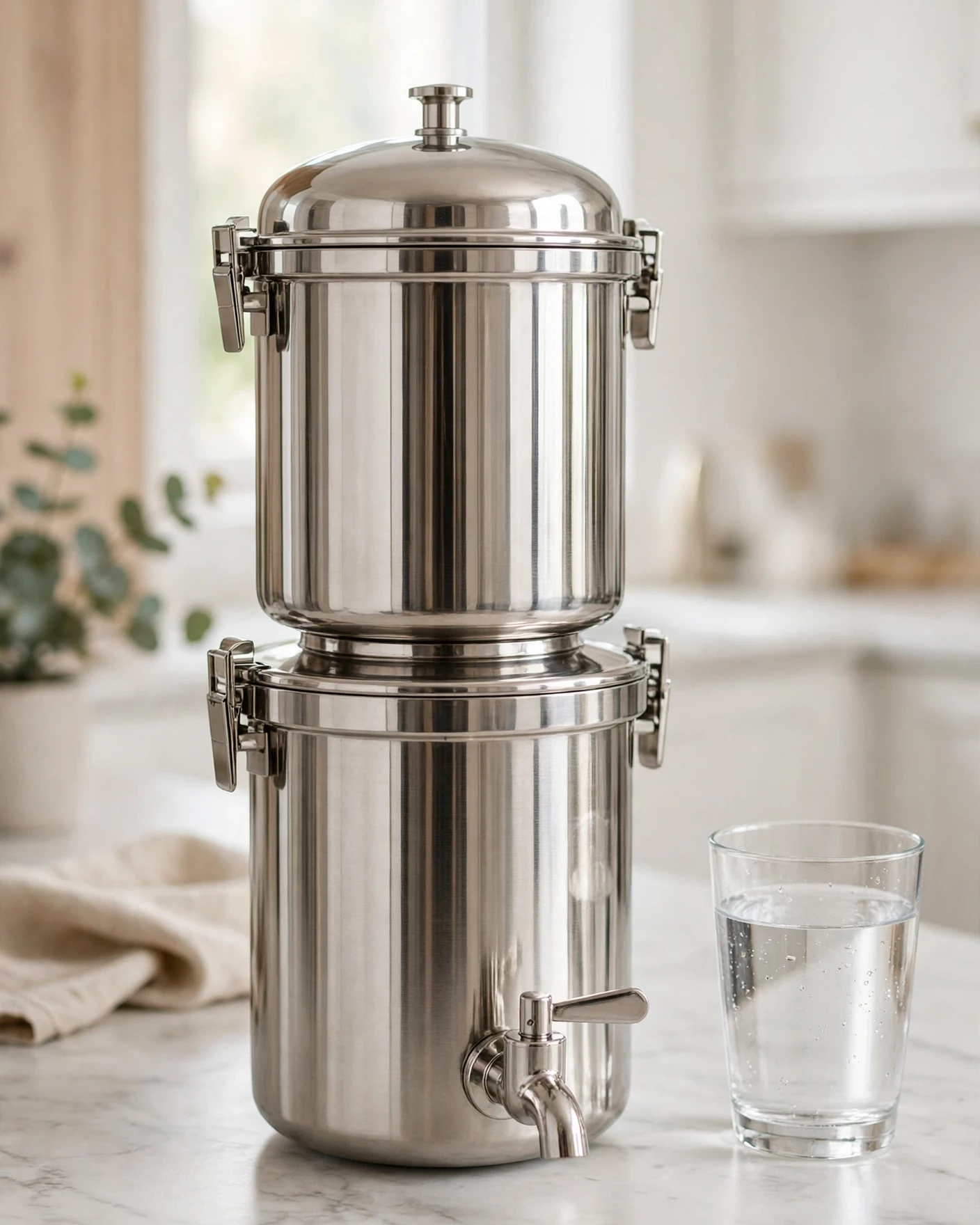 British Berkefeld stainless steel gravity water filter on a kitchen counter beside a glass of water