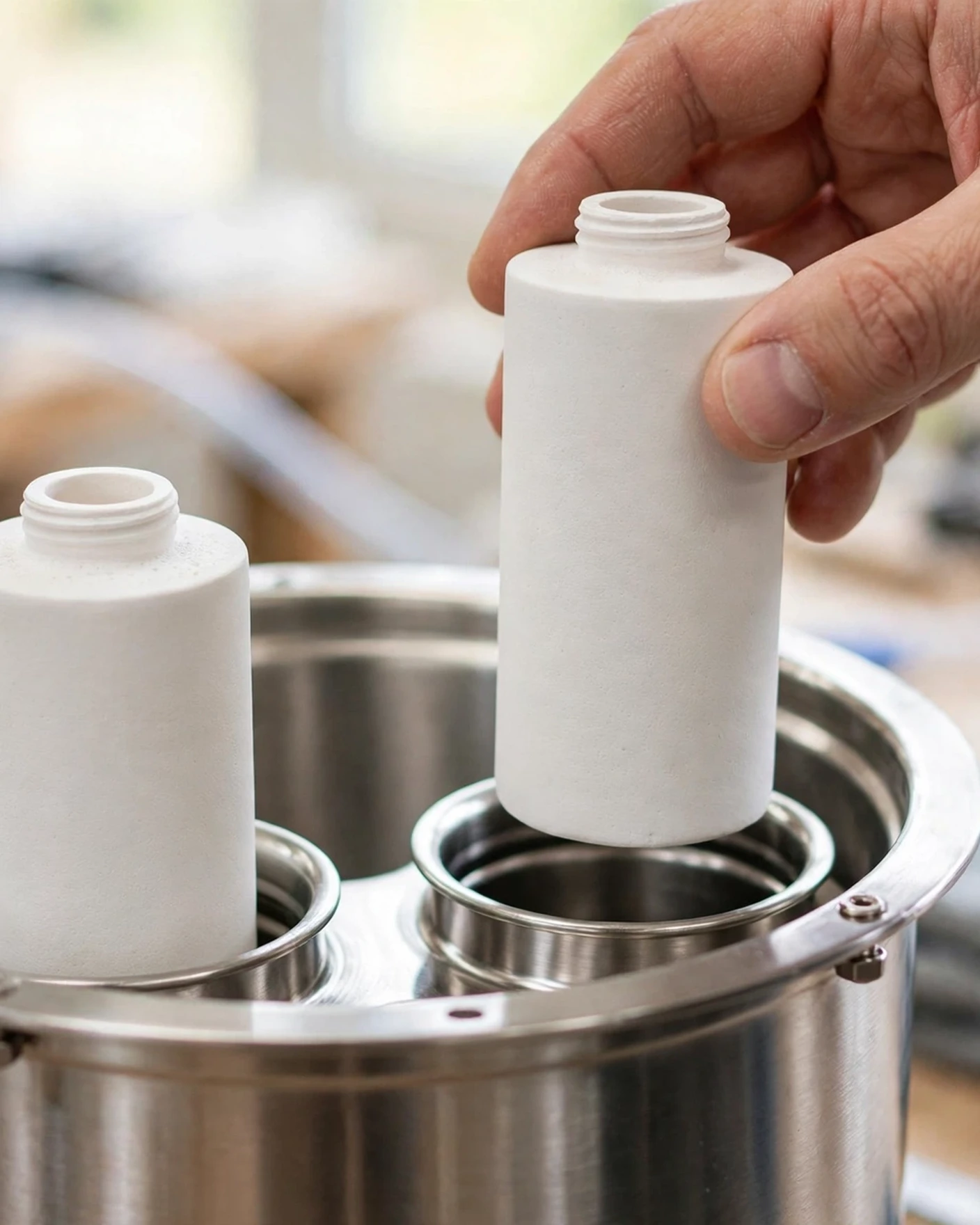 White ceramic filter candles being fitted into the upper chamber of a British Berkefeld gravity system