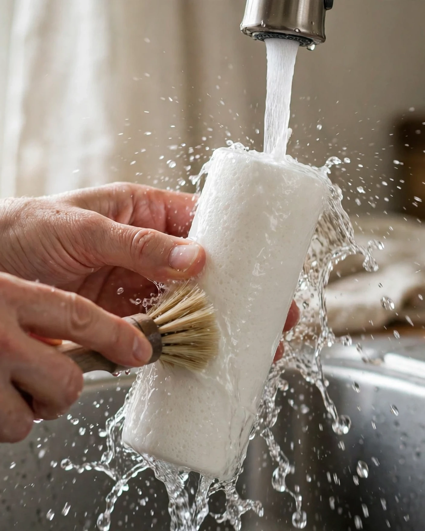 Scrubbing a white ceramic filter candle under a running tap to restore flow