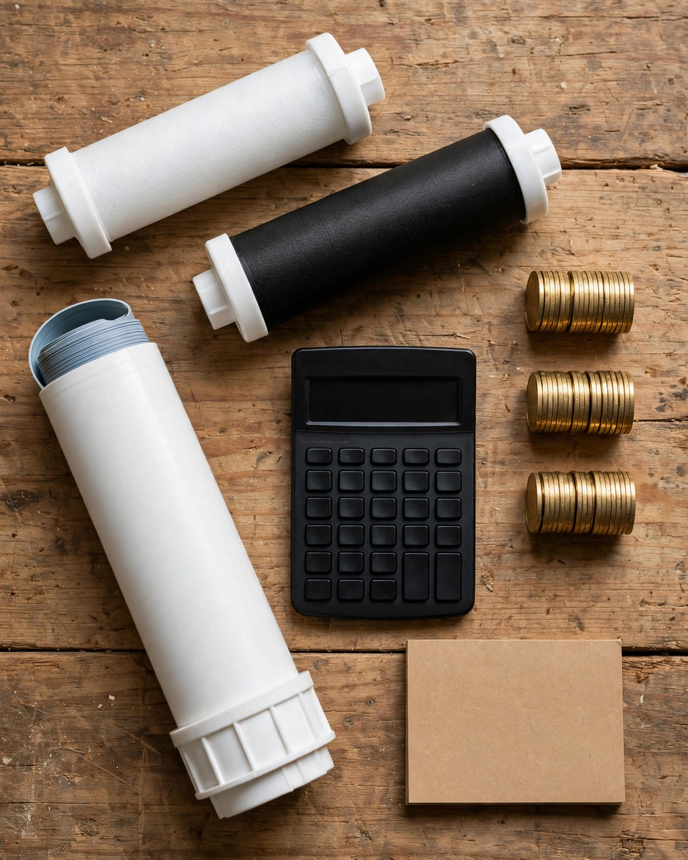 Flat-lay of reverse osmosis replacement cartridges with a calculator, coins, and notepad for yearly cost math
