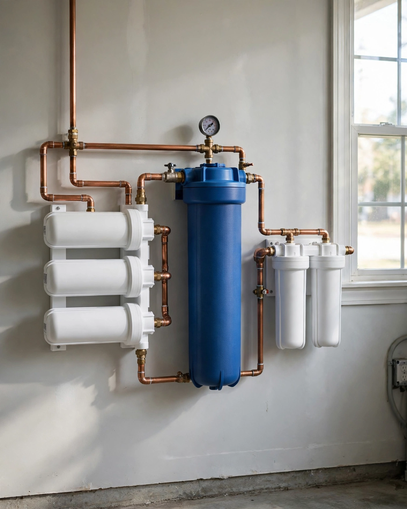 Three budget whole-house water filter systems side by side on a utility wall