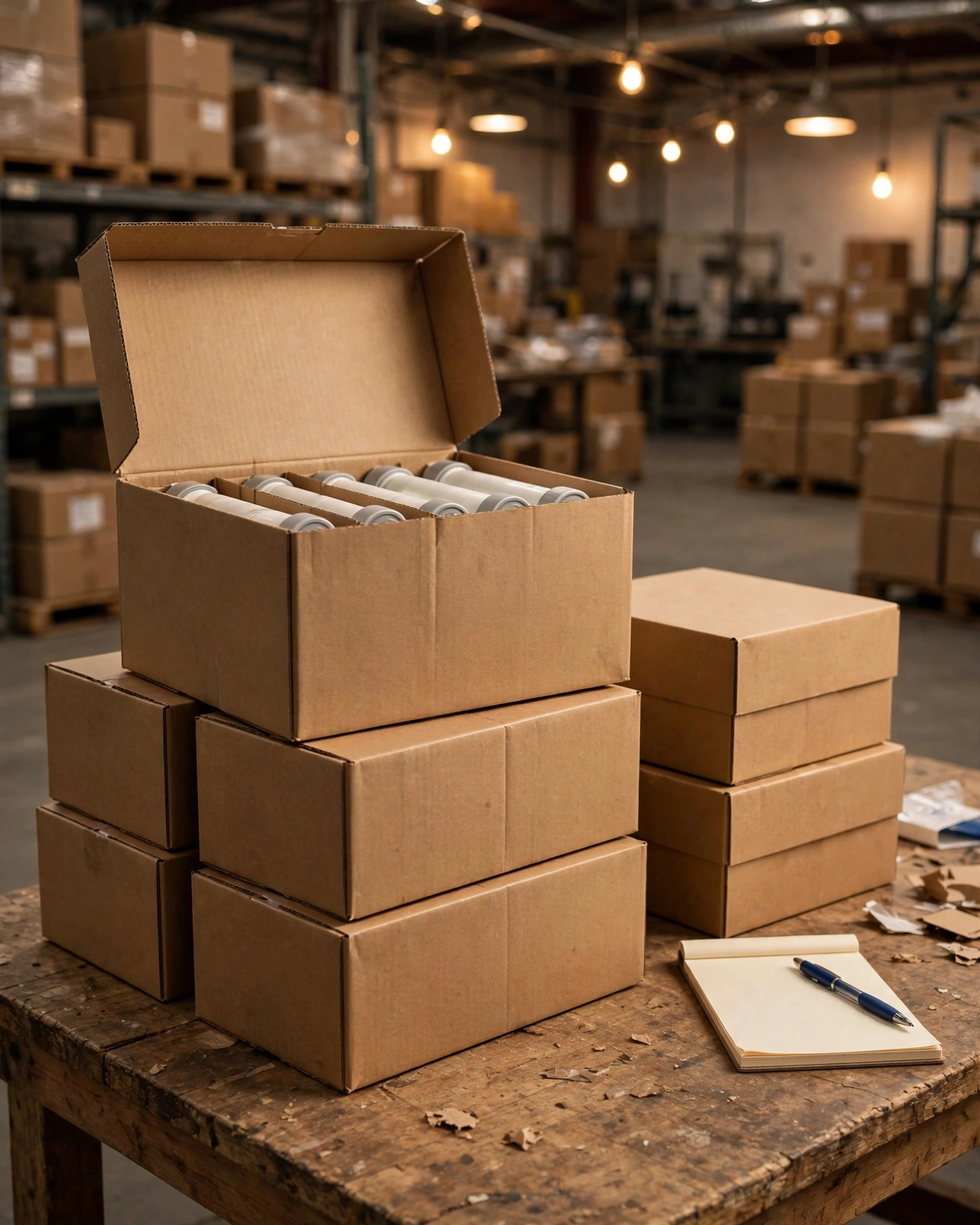 Bulk multipack cartridge boxes stacked on a workbench with a notepad and pen, cost-planning mood