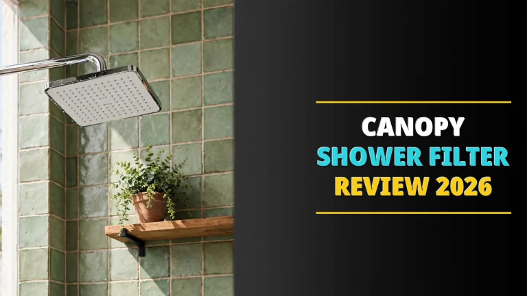 Canopy shower filter review 2026 — square filtered shower head against sage-green tile
