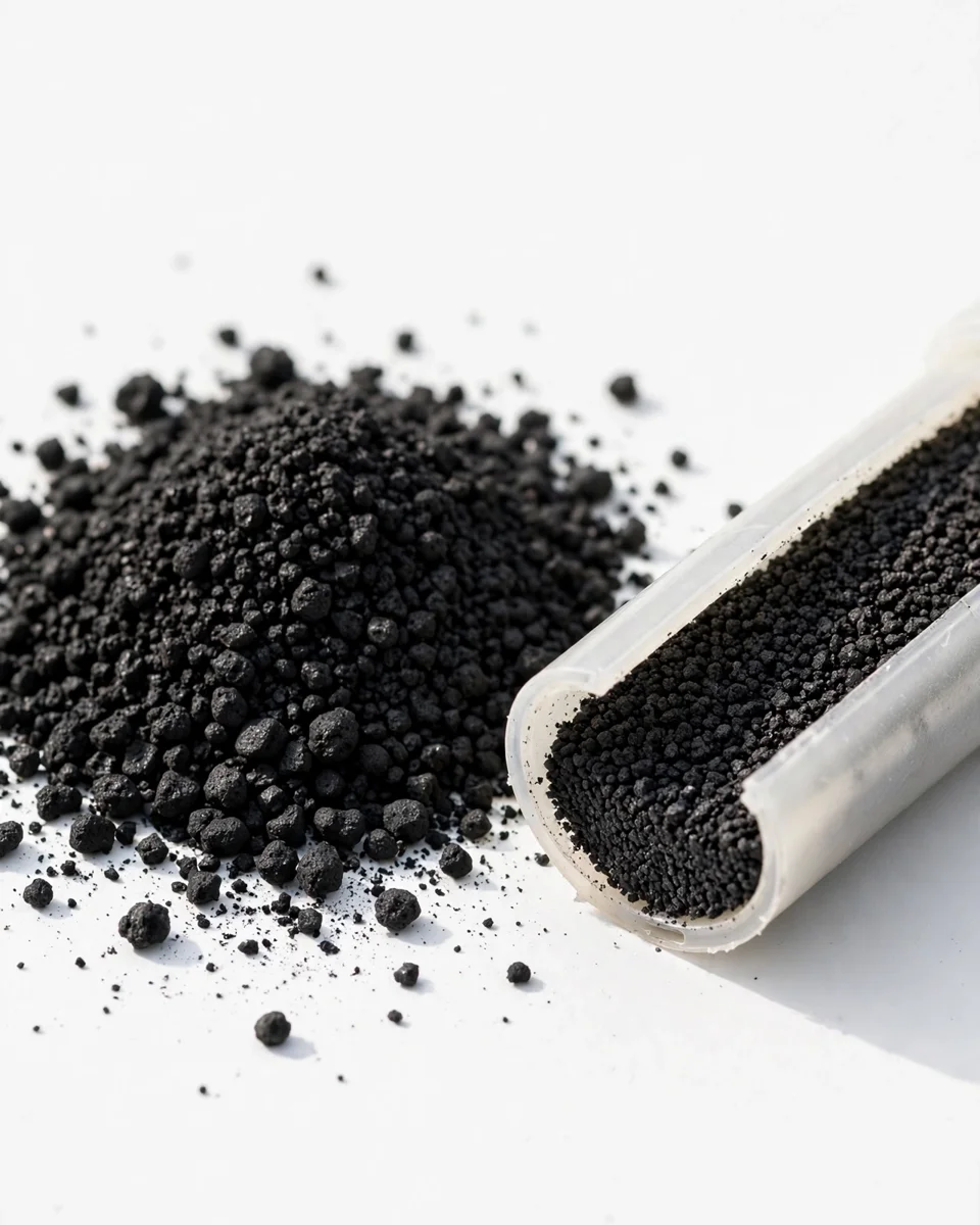 Granular catalytic carbon media spilling from a cut-open filter cartridge — the media built for chloramine